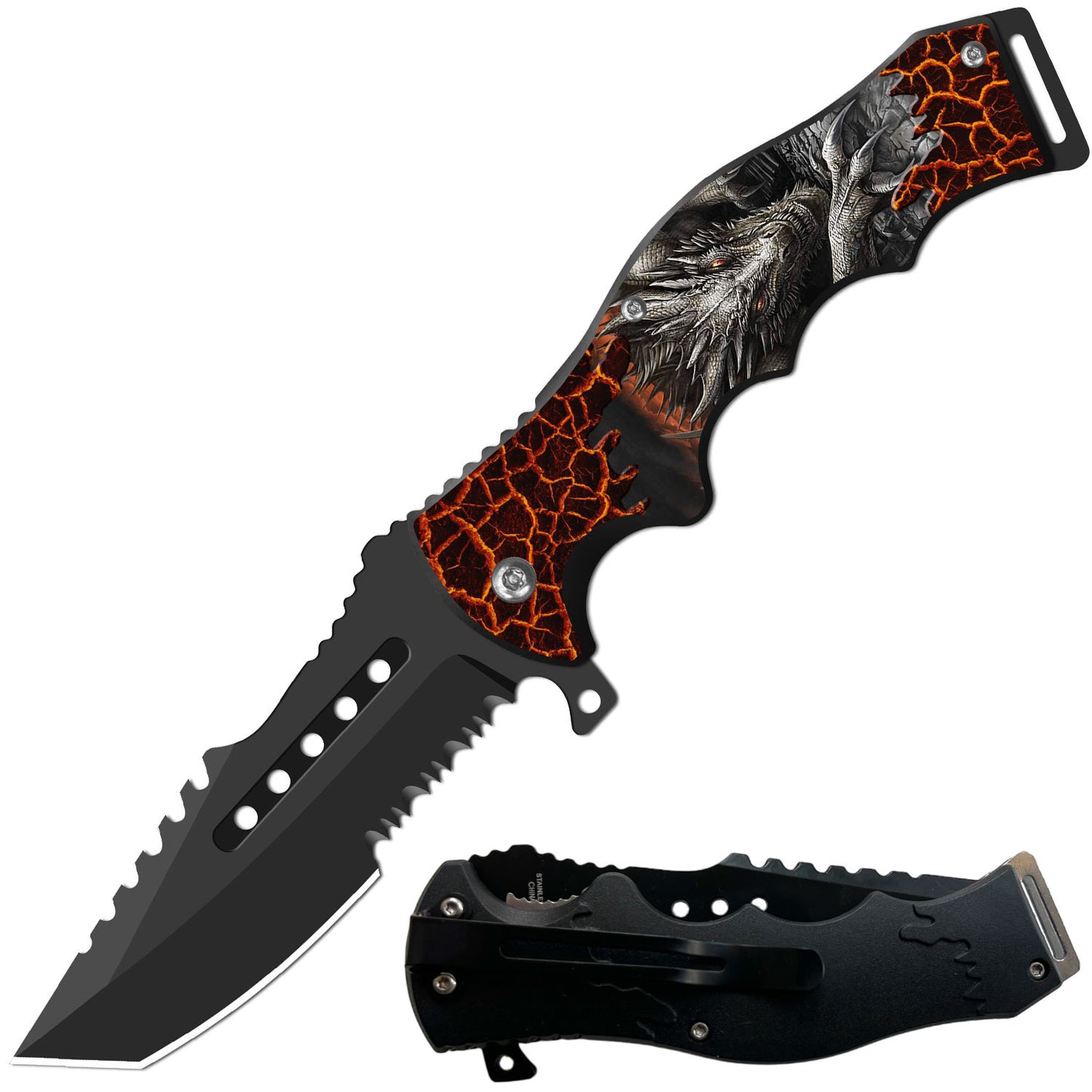 8.5" Tactical Dragon Spring Assisted Folding Open Pocket Knife Cleaver Blade - TOPHATTER'S ARMORY DEALS Collectible Weapons - Tophatter Daily Deals