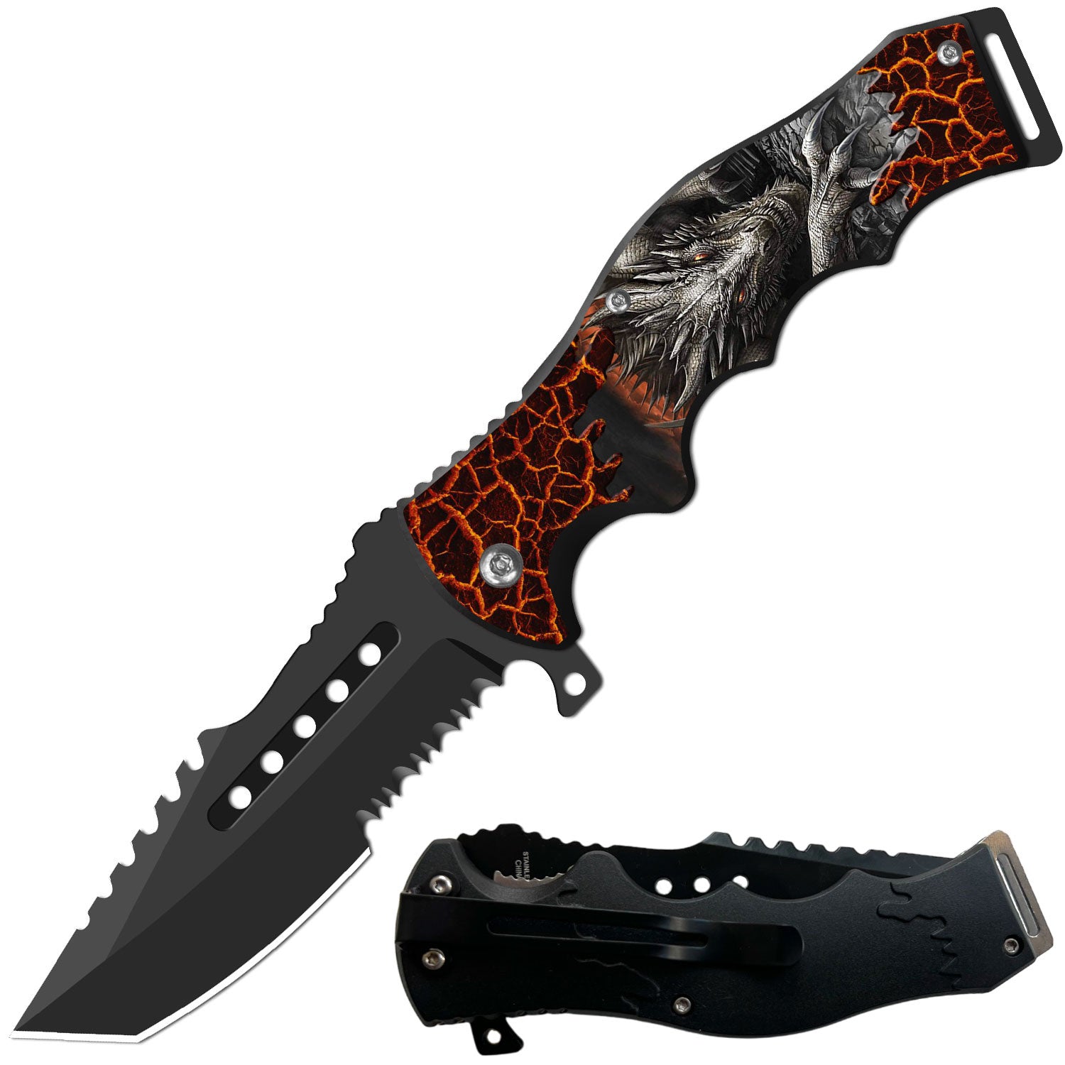 8.5" Tactical Dragon Spring Assisted Folding Open Pocket Knife Cleaver Blade - TOPHATTER'S ARMORY DEALS Collectible Weapons - Tophatter Daily Deals