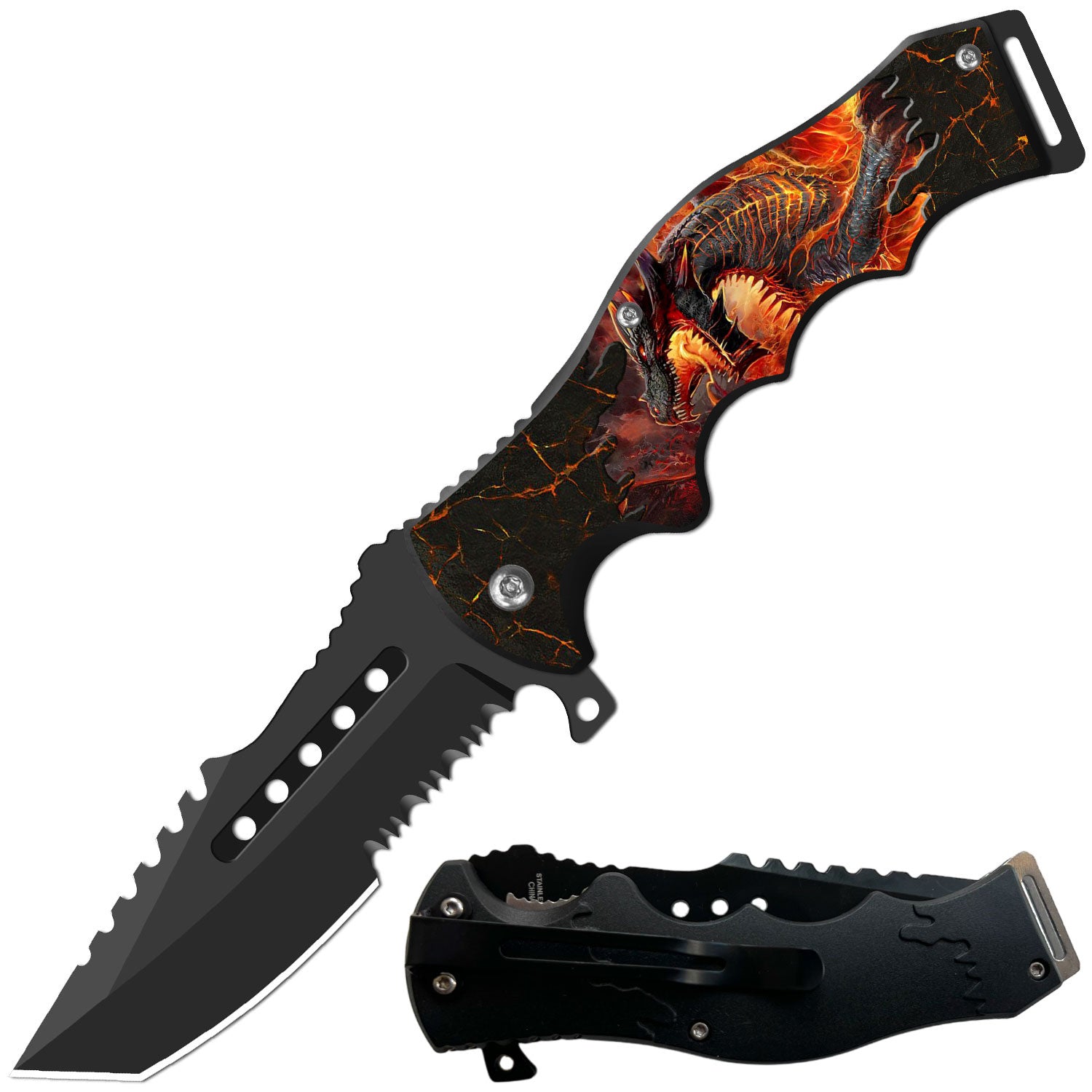 8.5" Tactical Flame Dragon Spring Assisted Folding Open Pocket Knife Cleaver Blade - TOPHATTER'S ARMORY DEALS Collectible Weapons - Tophatter Daily Deals
