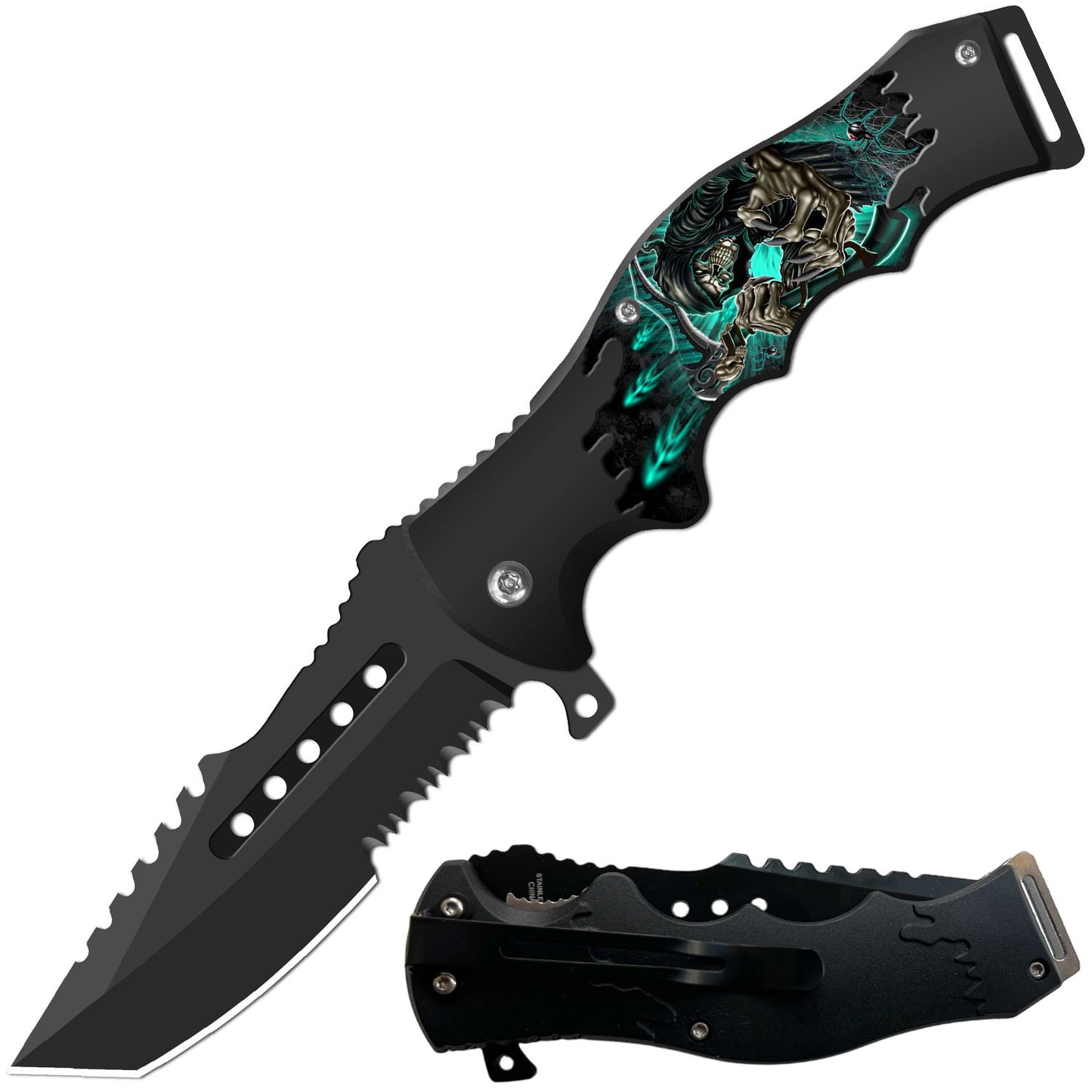 8.5" Tactical Grim Reaper Spring Assisted Folding Open Pocket Knife Cleaver Blade - TOPHATTER'S ARMORY DEALS Collectible Weapons - Tophatter Daily Deals