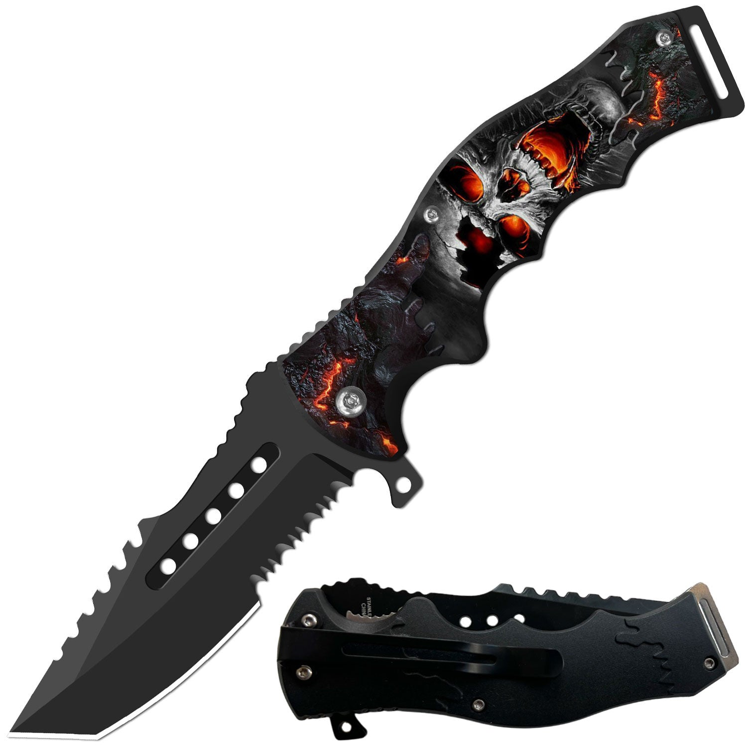 8.5" Tactical Flame Skull Spring Assisted Folding Open Pocket Knife Cleaver Blade - TOPHATTER'S ARMORY DEALS Collectible Weapons - Tophatter Daily Deals