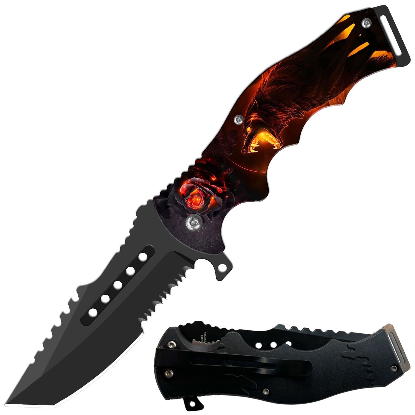 8.5" Tactical Flame Hauling Wolf Spring Assisted Folding Open Pocket Knife Cleaver Blade - TOPHATTER'S ARMORY DEALS Collectible Weapons - Tophatter Daily Deals