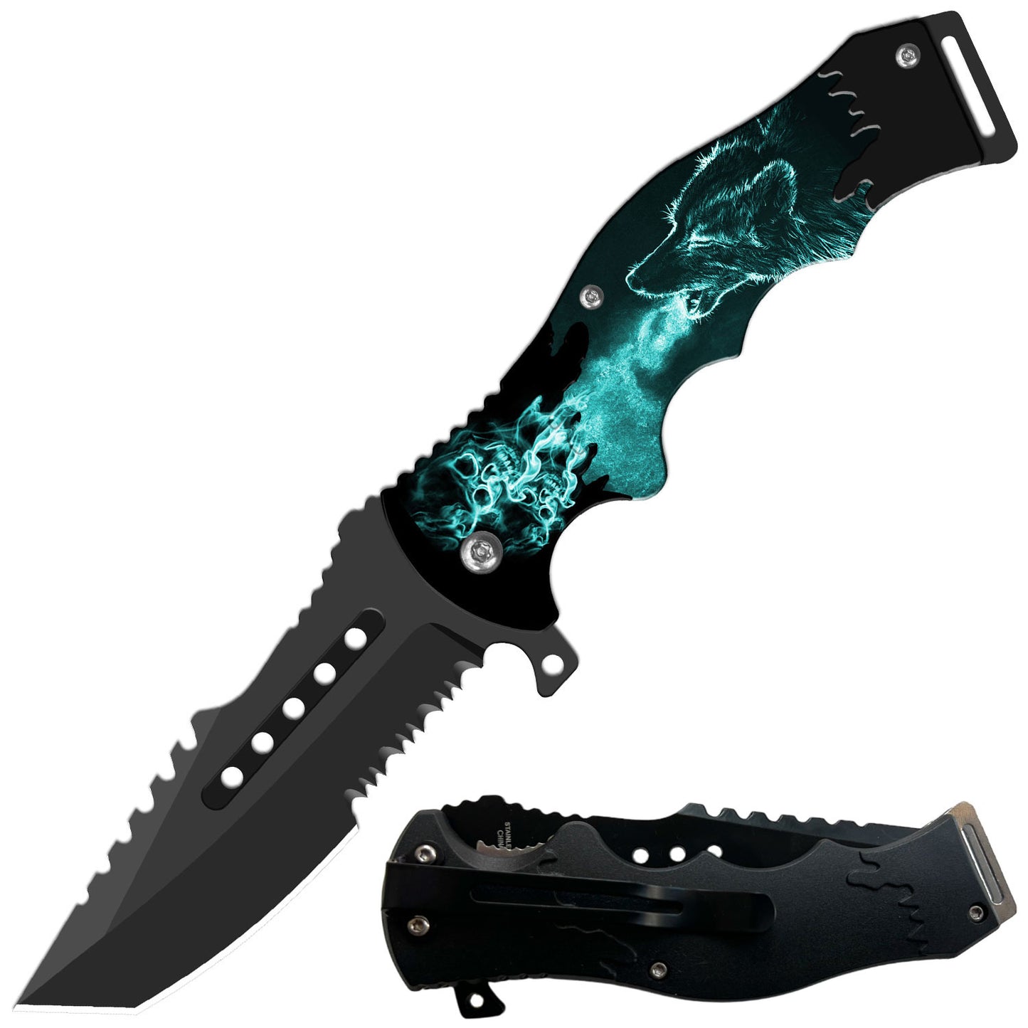 8.5" Tactical Howling Wolf Spring Assisted Folding Open Pocket Knife Cleaver Blade - TOPHATTER'S ARMORY DEALS Collectible Weapons - Tophatter Daily Deals