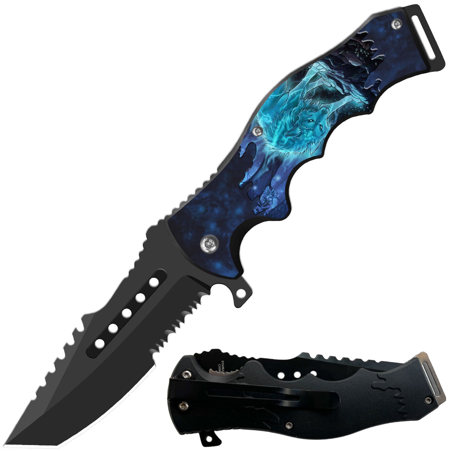 8.5" Tactical Snow Wolf Spring Assisted Folding Open Pocket Knife Cleaver Blade - TOPHATTER'S ARMORY DEALS Collectible Weapons - Tophatter Daily Deals