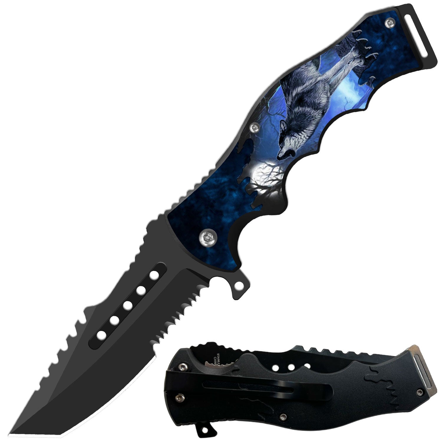 8.5" Tactical Wolf Howling Spring Assisted Folding Open Pocket Knife Razer Blade - TOPHATTER'S ARMORY DEALS Collectible Weapons - Tophatter Daily Deals