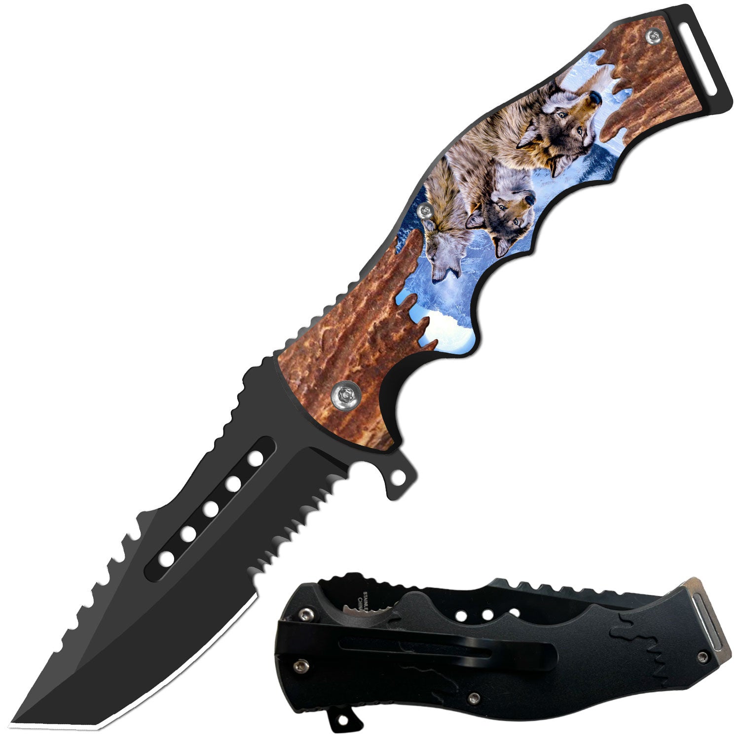 8.5" Tactical Wolves Spring Assisted Folding Open Pocket Knife Razer Blade - TOPHATTER'S ARMORY DEALS Collectible Weapons - Tophatter Daily Deals