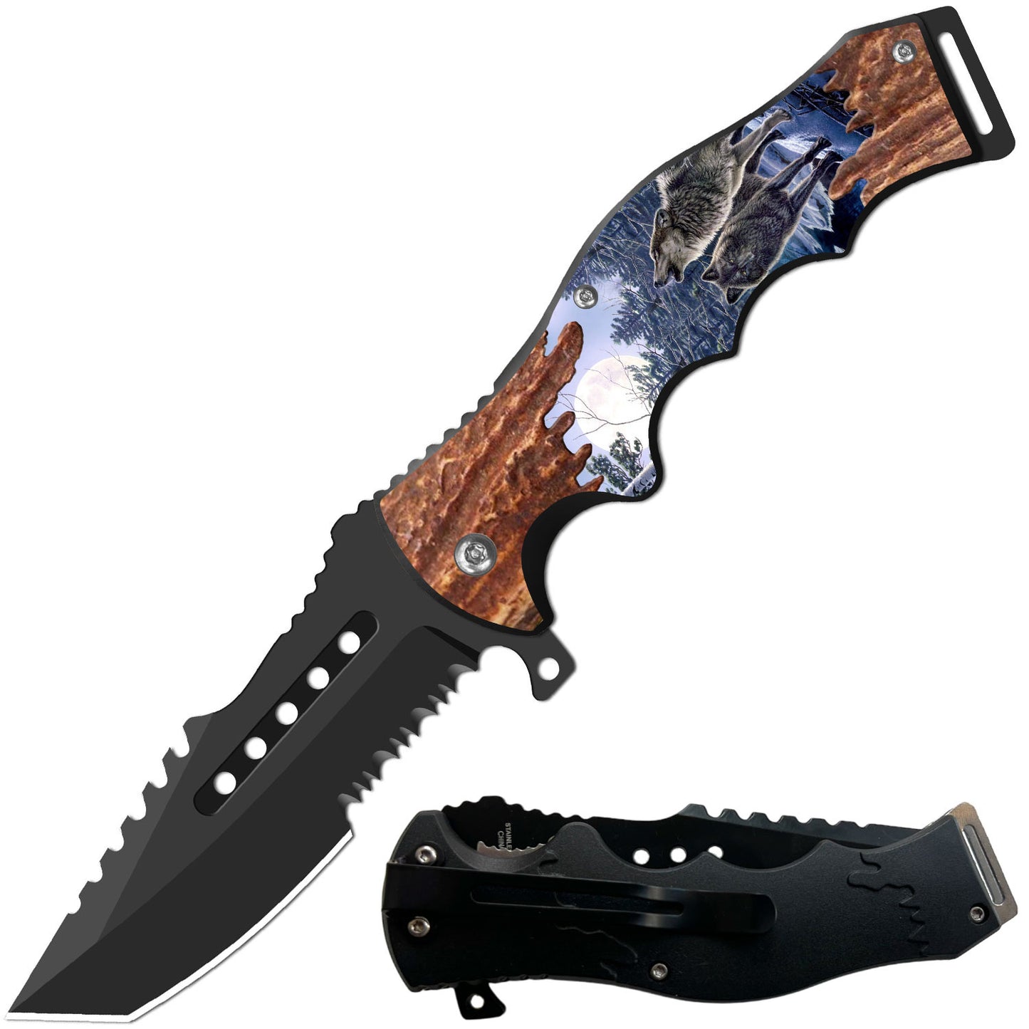 8.5" Tactical Wolves Spring Assisted Folding Open Pocket Knife Cleaver Blade - TOPHATTER'S ARMORY DEALS Collectible Weapons - Tophatter Daily Deals