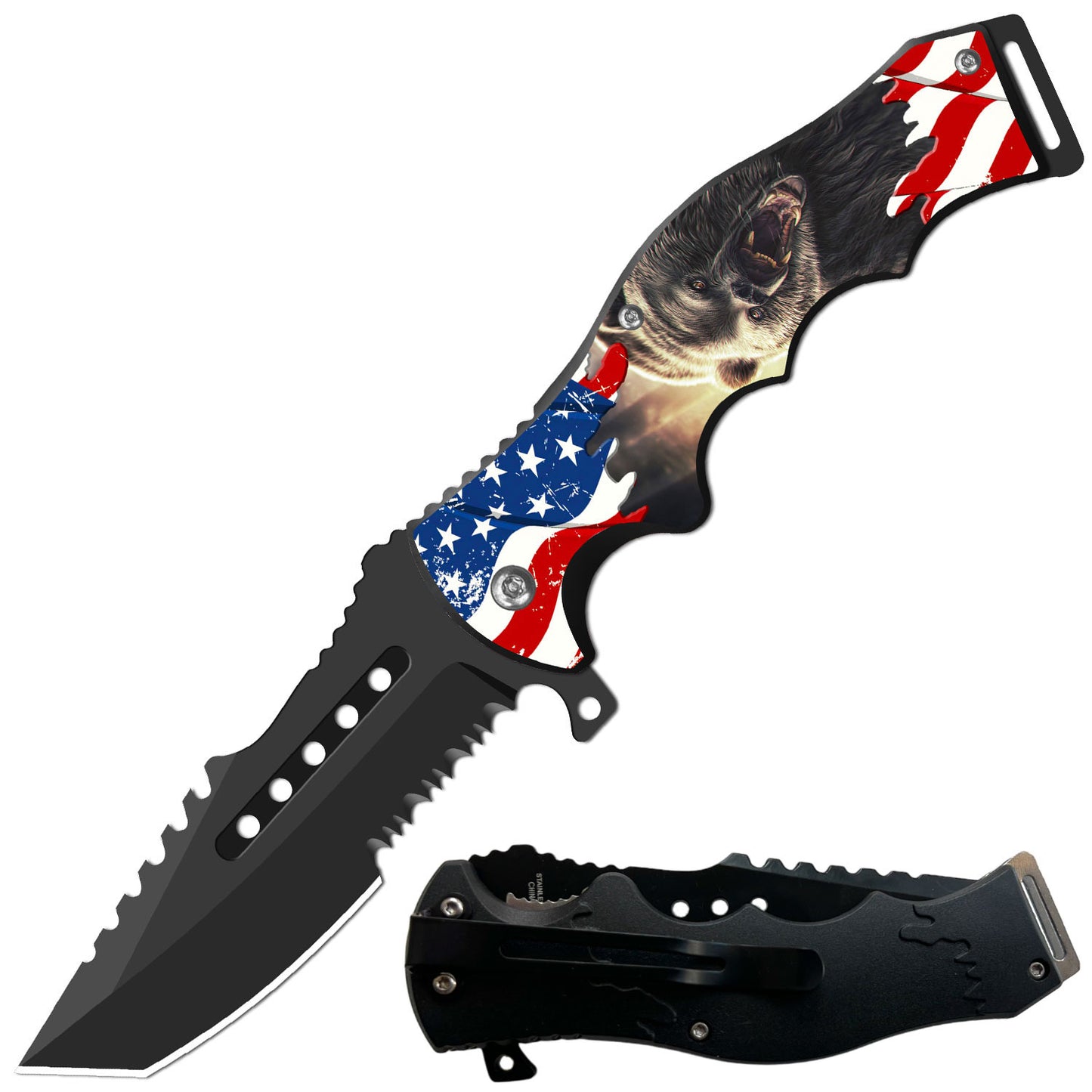 8.5" Tactical American Beer Spring Assisted Folding Open Pocket Knife Cleaver Blade - TOPHATTER'S ARMORY DEALS Collectible Weapons - Tophatter Daily Deals
