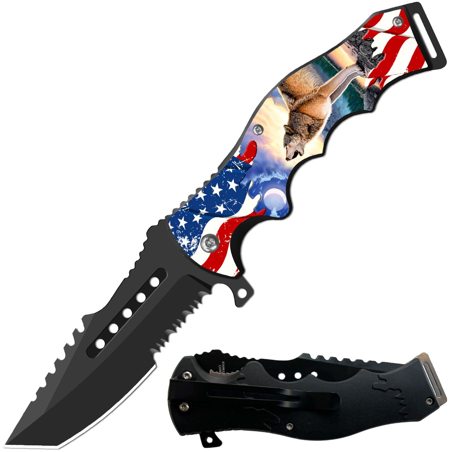 8.5" Tracker Huntsman American Roaring Wolf Spring Assisted Folding Open Pocket Knife - TOPHATTER'S ARMORY DEALS Collectible Weapons - Tophatter Daily Deals