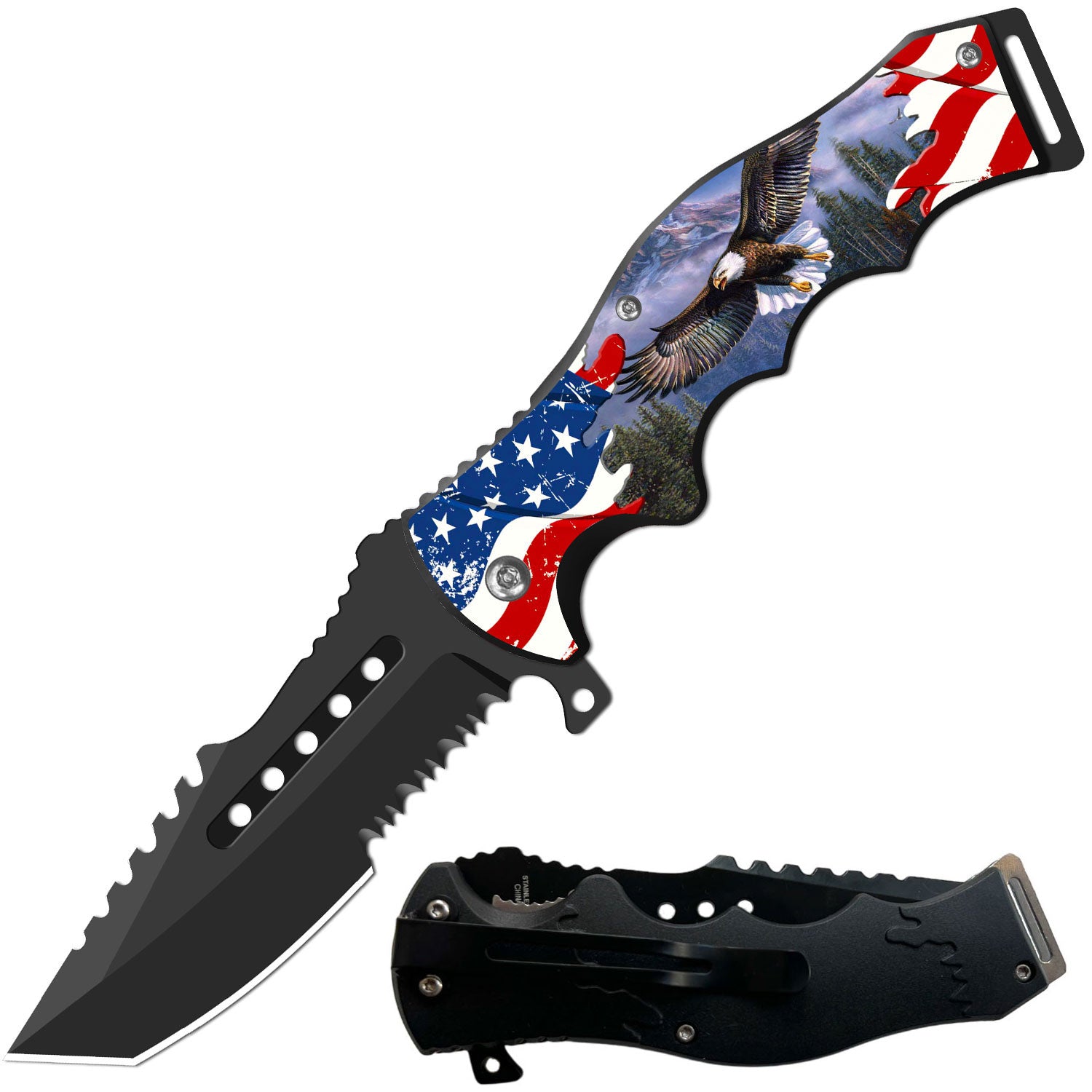 8.5" Tactical American Flying Eagle Spring Assisted Folding Open Pocket Knife Cleaver Blade - TOPHATTER'S ARMORY DEALS Collectible Weapons - Tophatter Daily Deals