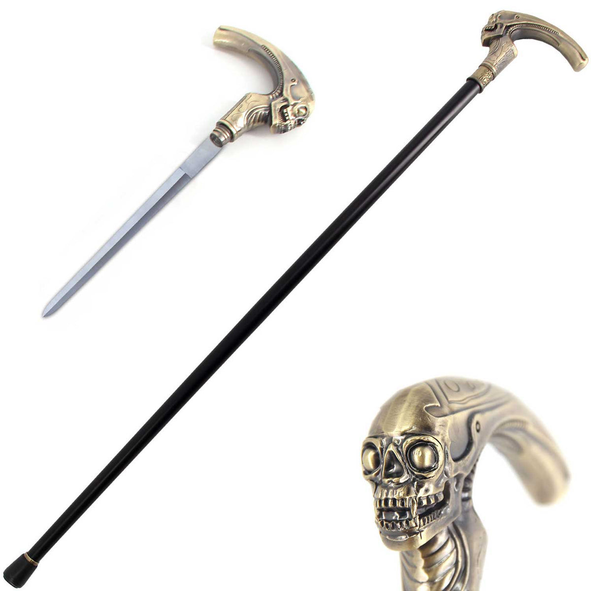 Brass Alien Skull Head Gentlemen Cane Sword - TOPHATTER'S ARMORY DEALS Collectible Weapons - Tophatter Daily Deals