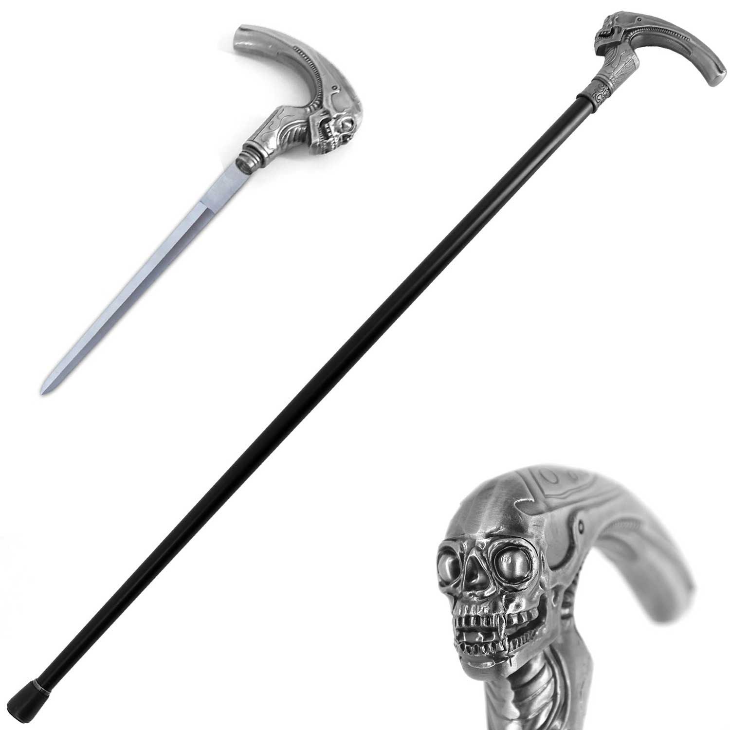 Silver Alien Skull Head Gentlemen Cane Sword - TOPHATTER'S ARMORY DEALS Collectible Weapons - Tophatter Daily Deals