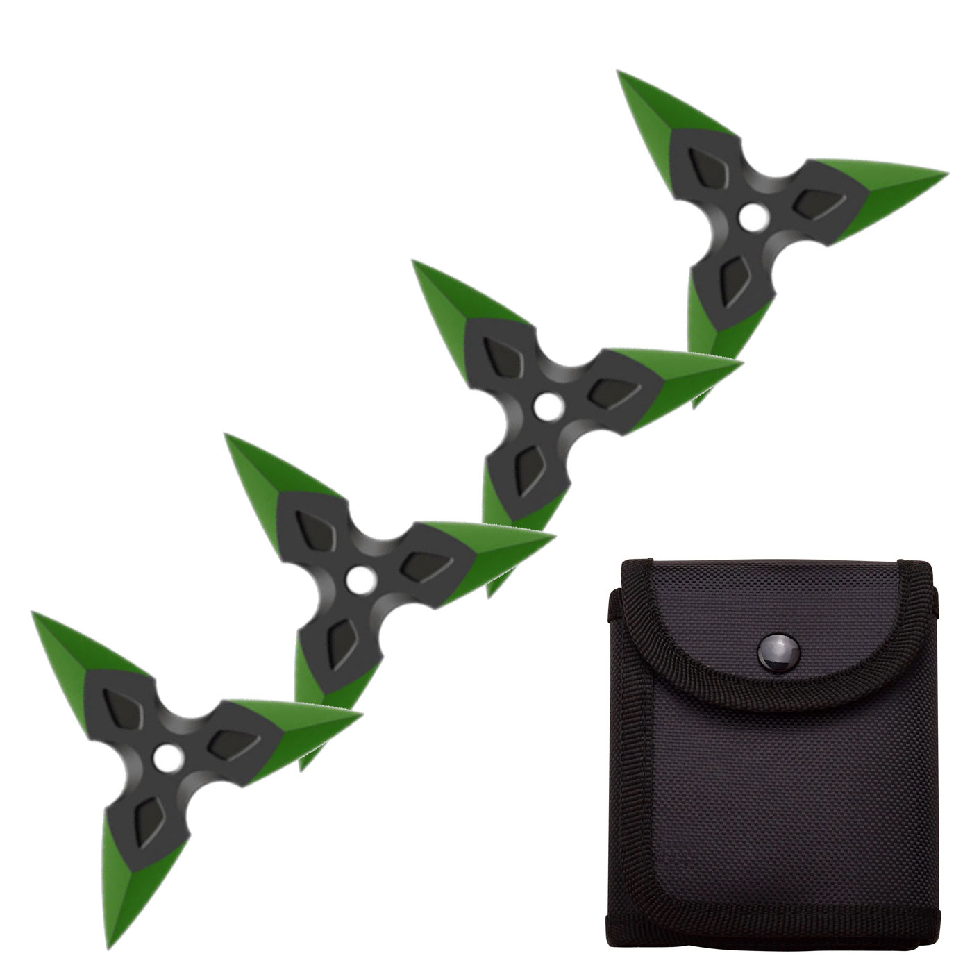 4 Pc Black/Green Finish Three-Pointed Triangle Throwing Ninja Stars Shuriken - Tophatter's Guns'N'Weapons Store Collectible Weapons - Tophatter Daily Deals