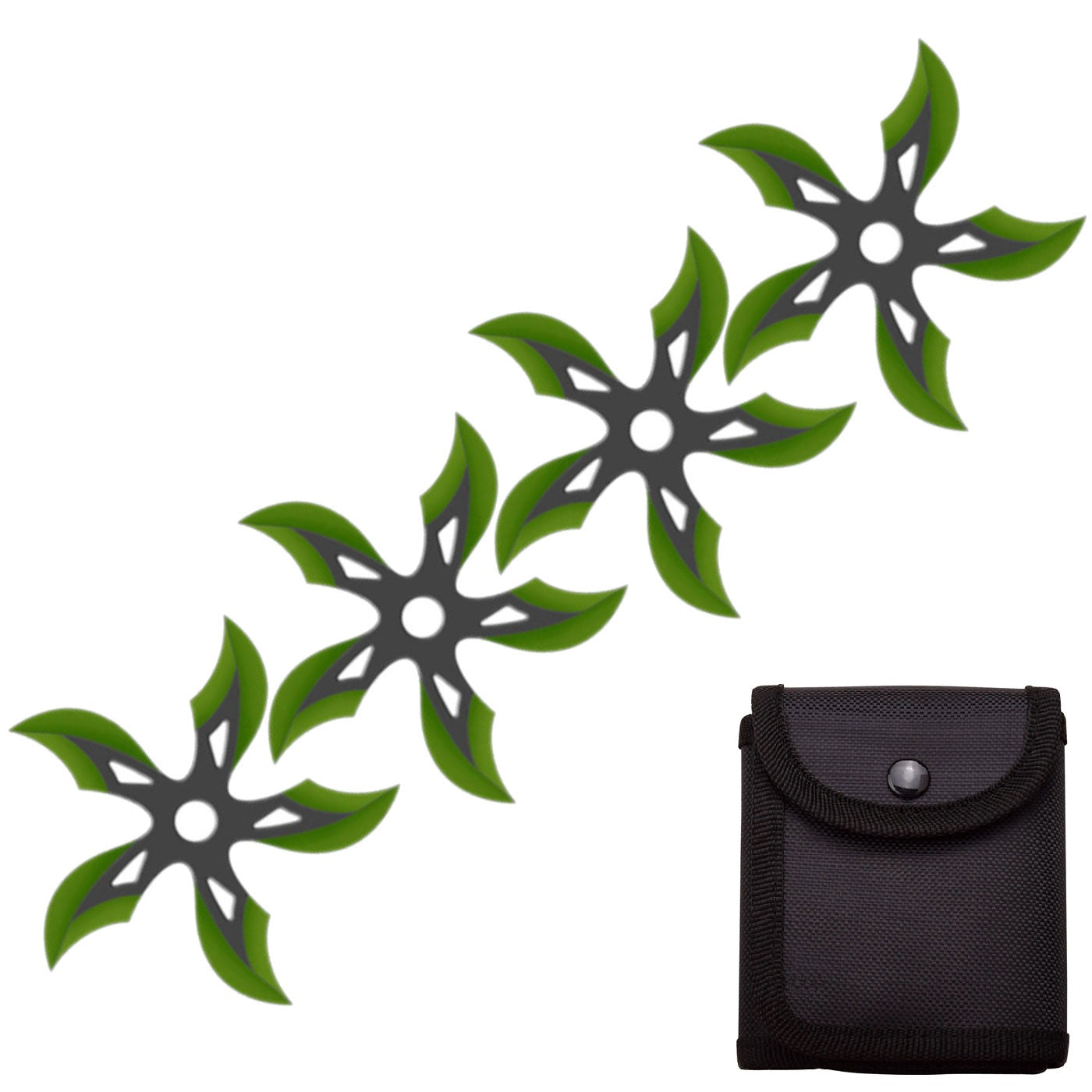 4 PC Set Black/Green Finish Ninja Throwing Stars Shuriken Knife Curve Blade Five-Sided - TOPHATTER'S ARMORY DEALS Collectible Weapons - Tophatter Daily Deals