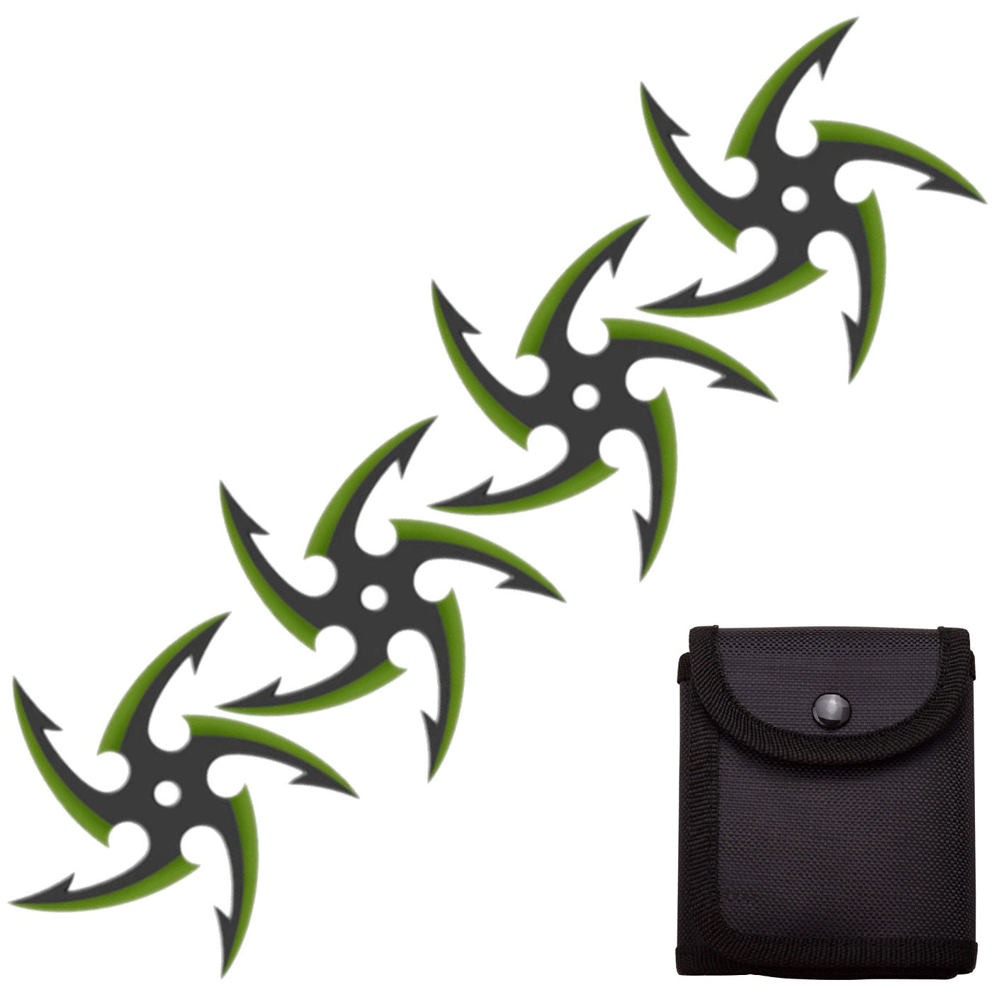 4 PC Set Black/Green Finish Cyclone Ninja Throwing Stars Shuriken Knife Five-Sided - Tophatter's Guns'N'Weapons Store Collectible Weapons - Tophatter Daily Deals