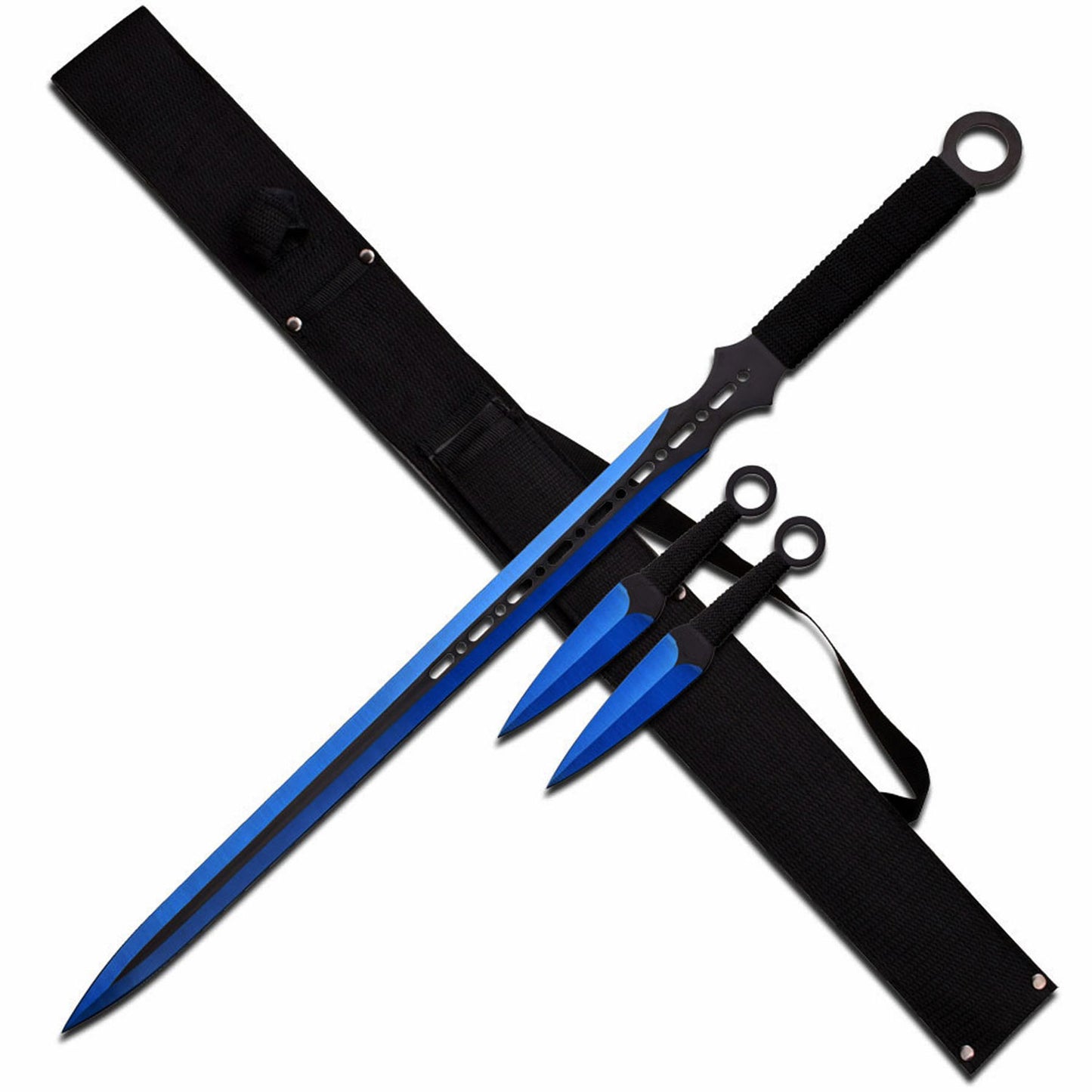 28" Blue Ninja Sword Full Tang Machete Tactical Blade 2 Pcs Throwing Knife Set - TOPHATTER'S ARMORY DEALS Collectible Weapons - Tophatter Daily Deals