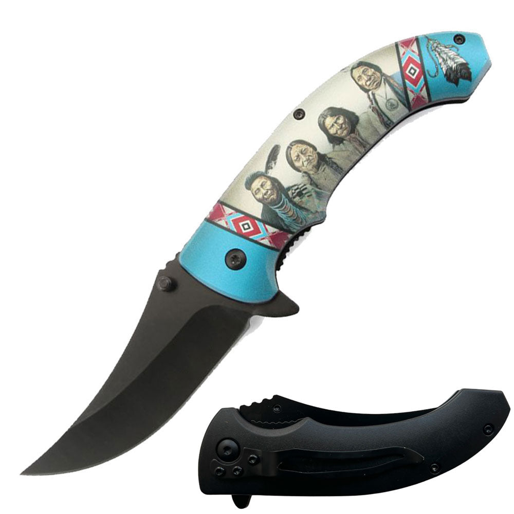 8" Native American Indian Spring Assisted Open Folding Pocket Knife Blue - TOPHATTER'S ARMORY DEALS Collectible Weapons - Tophatter Daily Deals