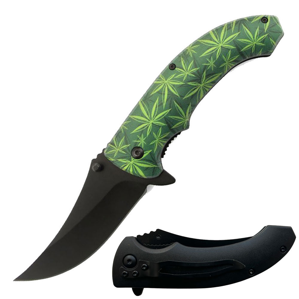 8" Green Cannabis Marijuana Leaf Spring Assisted Open Folding Pocket Knife - TOPHATTER'S ARMORY DEALS Collectible Weapons - Tophatter Daily Deals