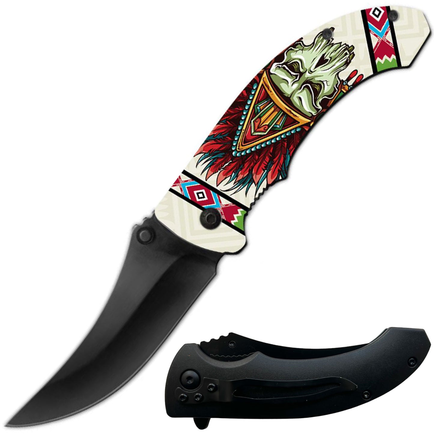8" Native American Indian Skull Spring Assisted Open Folding Pocket Knife - TOPHATTER'S ARMORY DEALS Collectible Weapons - Tophatter Daily Deals