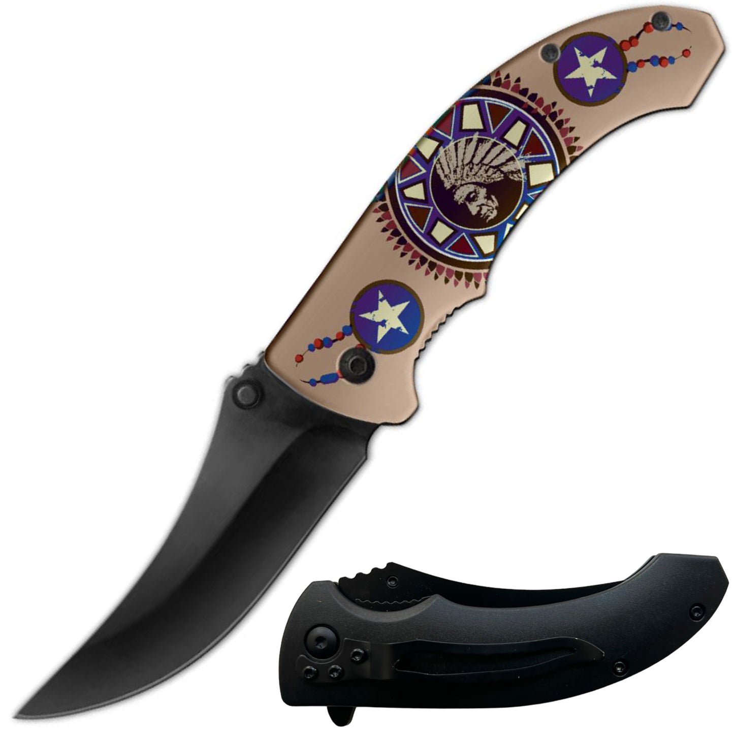 8" Native American Indian Spring Assisted Open Folding Pocket Knife - TOPHATTER'S ARMORY DEALS Collectible Weapons - Tophatter Daily Deals