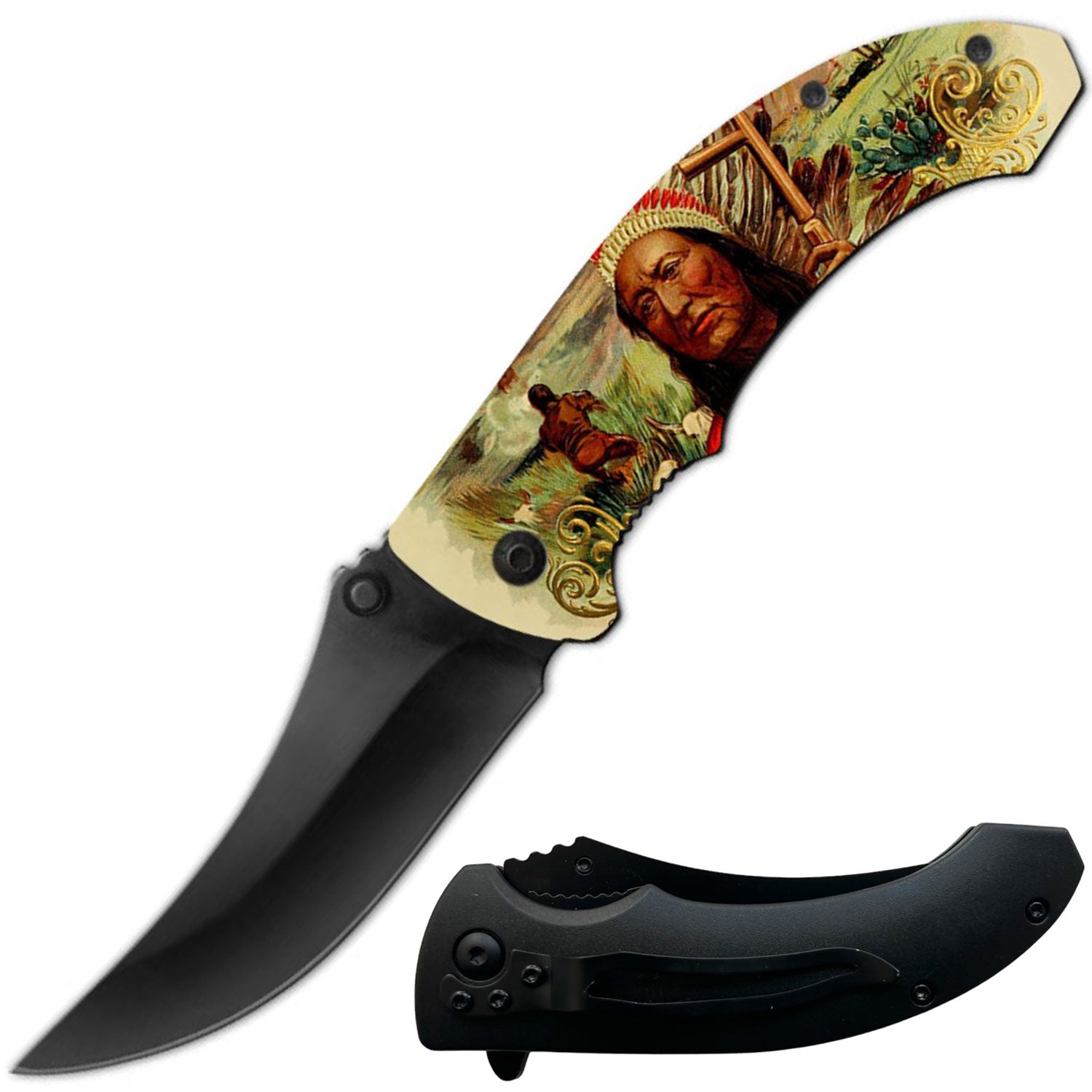 8" Native American Indian Spring Assisted Open Folding Knife - Tophatter's Guns'N'Weapons Store Collectible Weapons - Tophatter Daily Deals