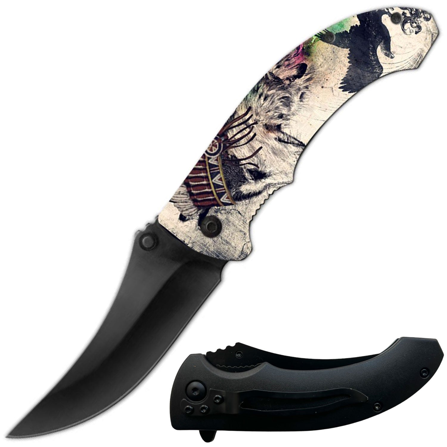 8" Native American Indian Spring Assisted Open Folding Pocket Knife Wolf - Tophatter's Guns'N'Weapons Store Collectible Weapons - Tophatter Daily Deals