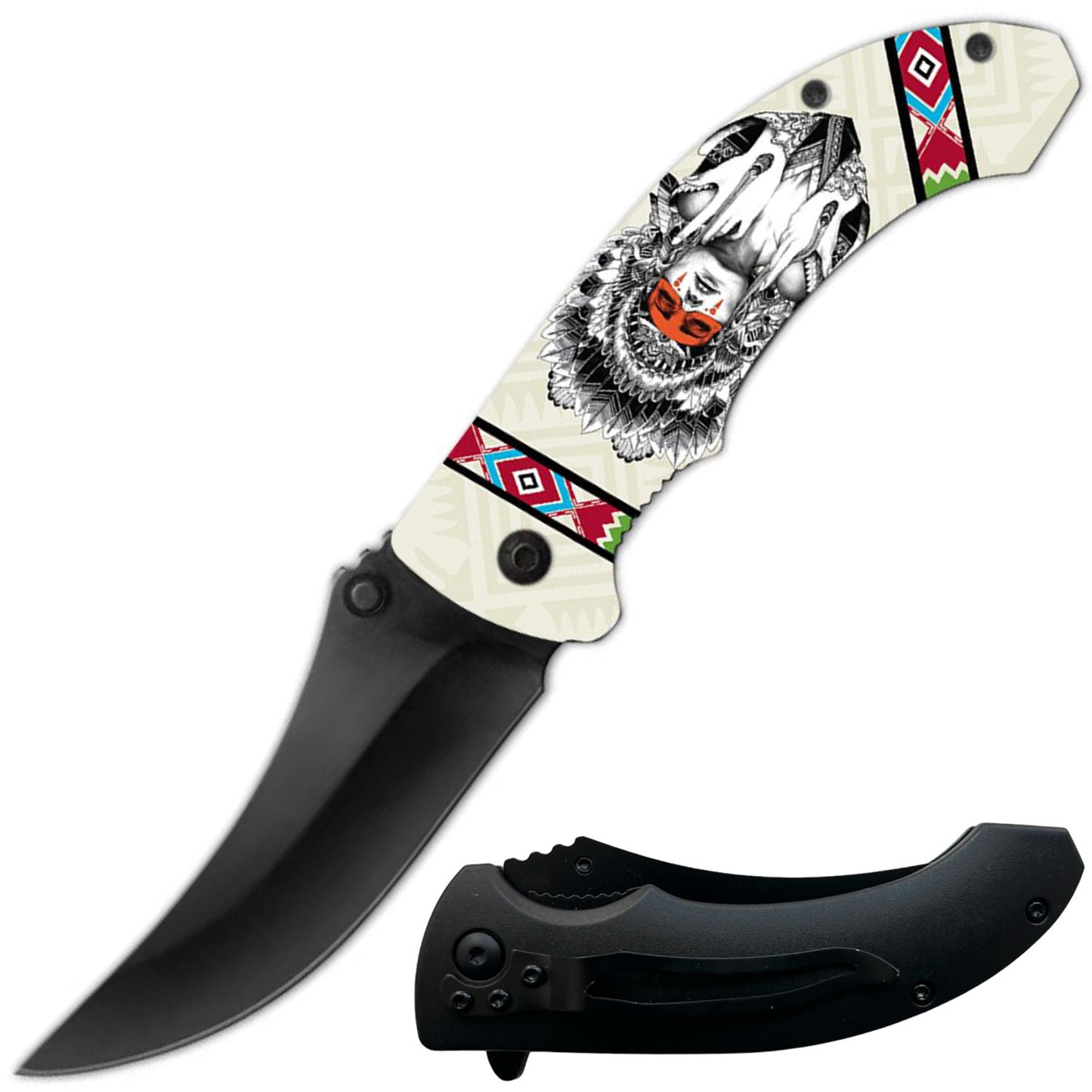 8" Native American Indian Spring Assisted Open Pocket Knife - TOPHATTER'S ARMORY DEALS Collectible Weapons - Tophatter Daily Deals