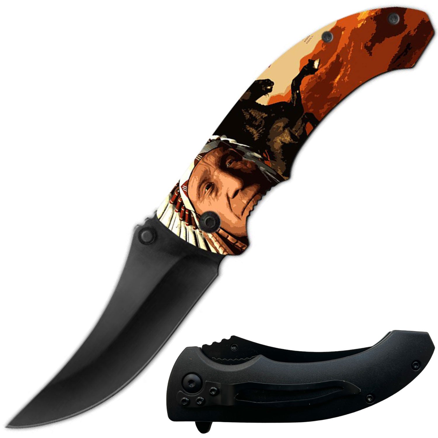 8" Native American Indian Spring Assisted Folding Pocket Knife Blue - TOPHATTER'S ARMORY DEALS Collectible Weapons - Tophatter Daily Deals