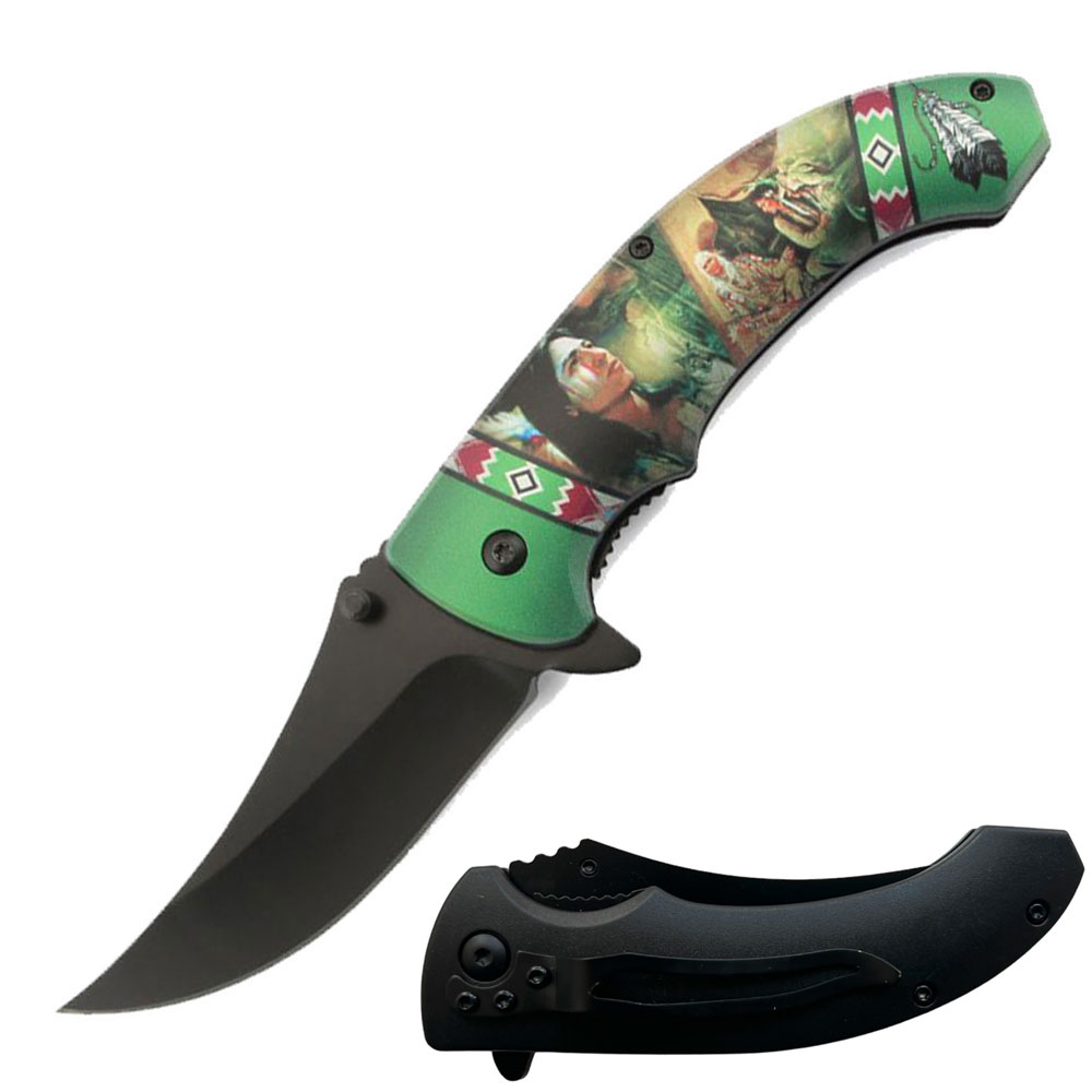 8" Native American Indian Spring Assisted Open Folding Pocket Knife Green - TOPHATTER'S ARMORY DEALS Collectible Weapons - Tophatter Daily Deals