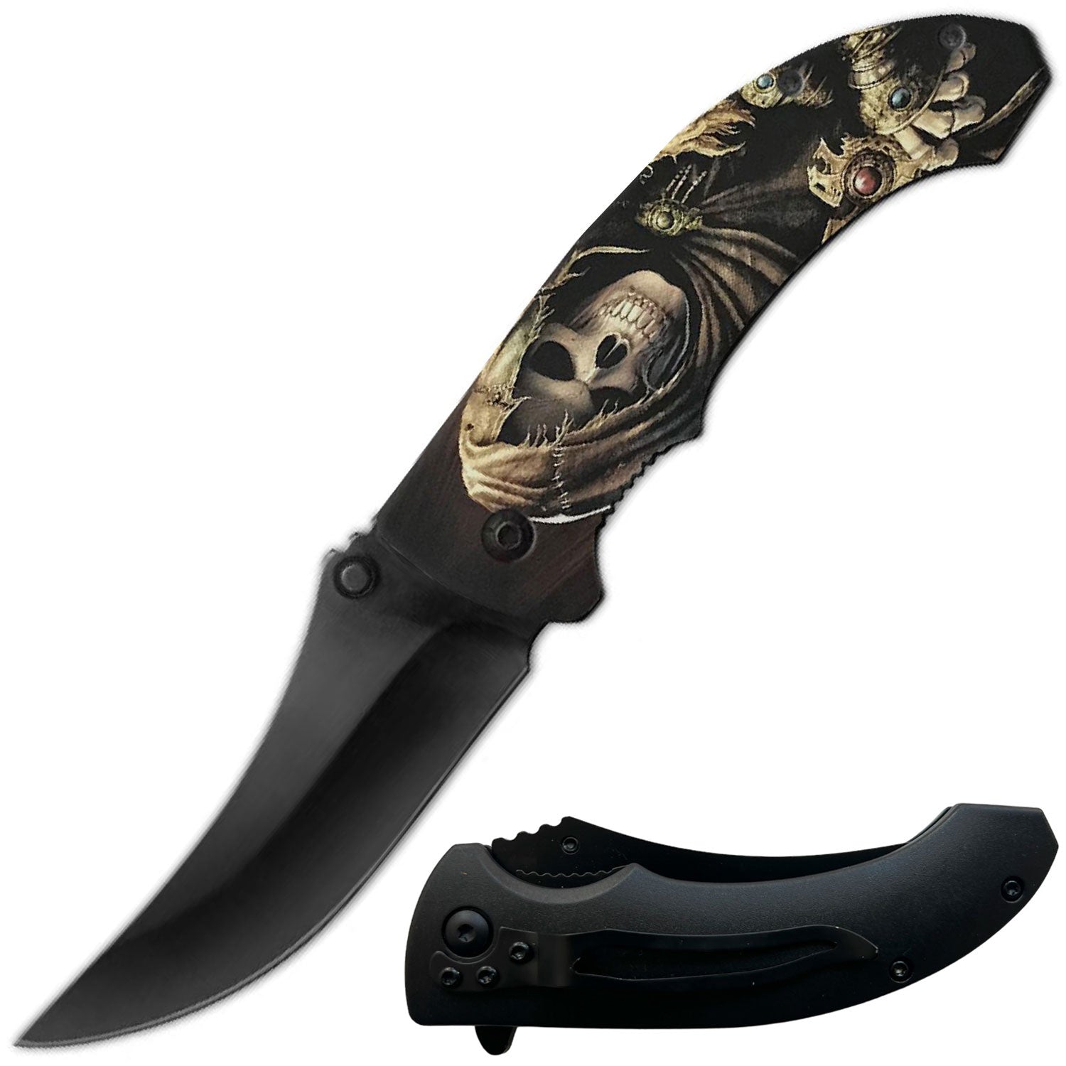 8" Grim Reaper Death Skull Spring Assisted Open Folding Pocket Knife - Tophatter's Guns'N'Weapons Store Collectible Weapons - Tophatter Daily Deals