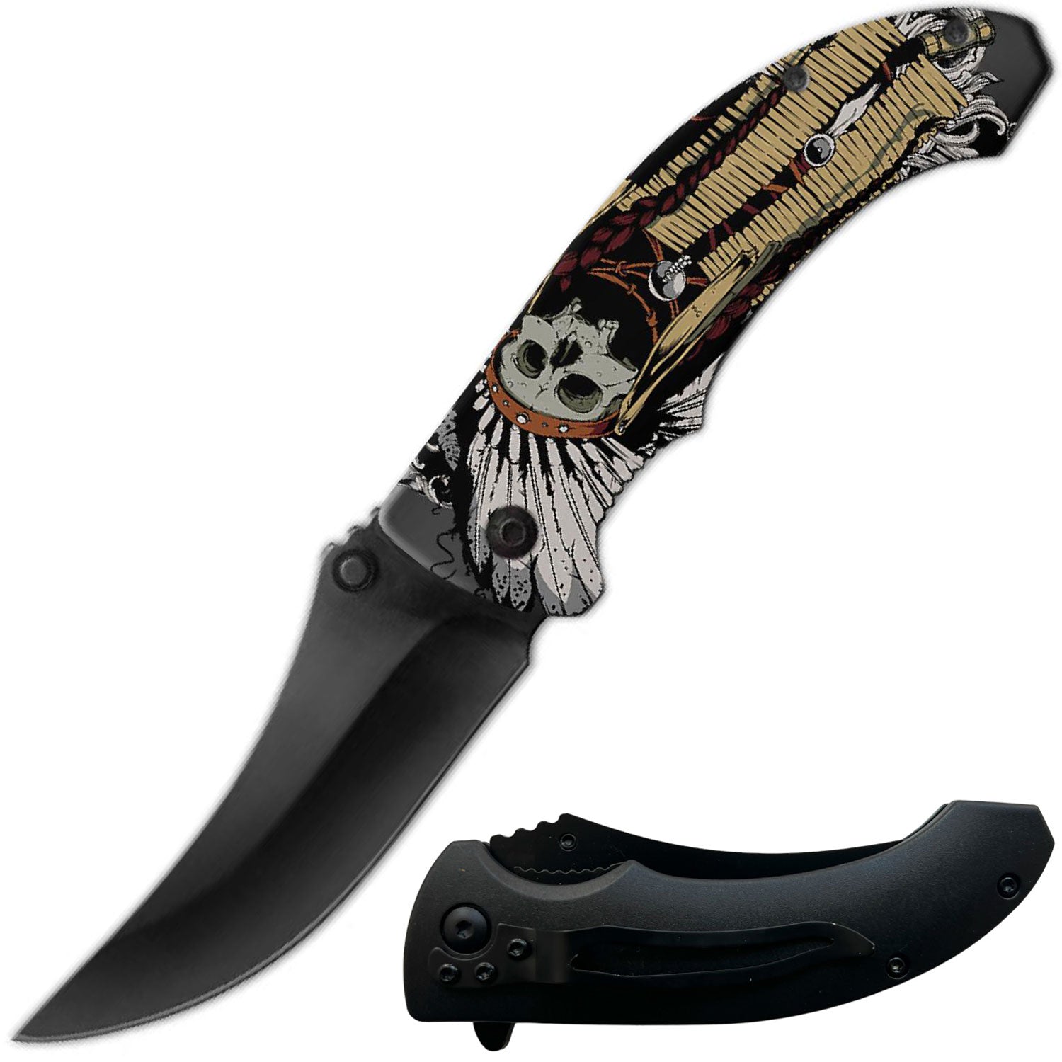 8" Native American Indian Skull Spring Assisted Folding Pocket Knife - TOPHATTER'S ARMORY DEALS Collectible Weapons - Tophatter Daily Deals