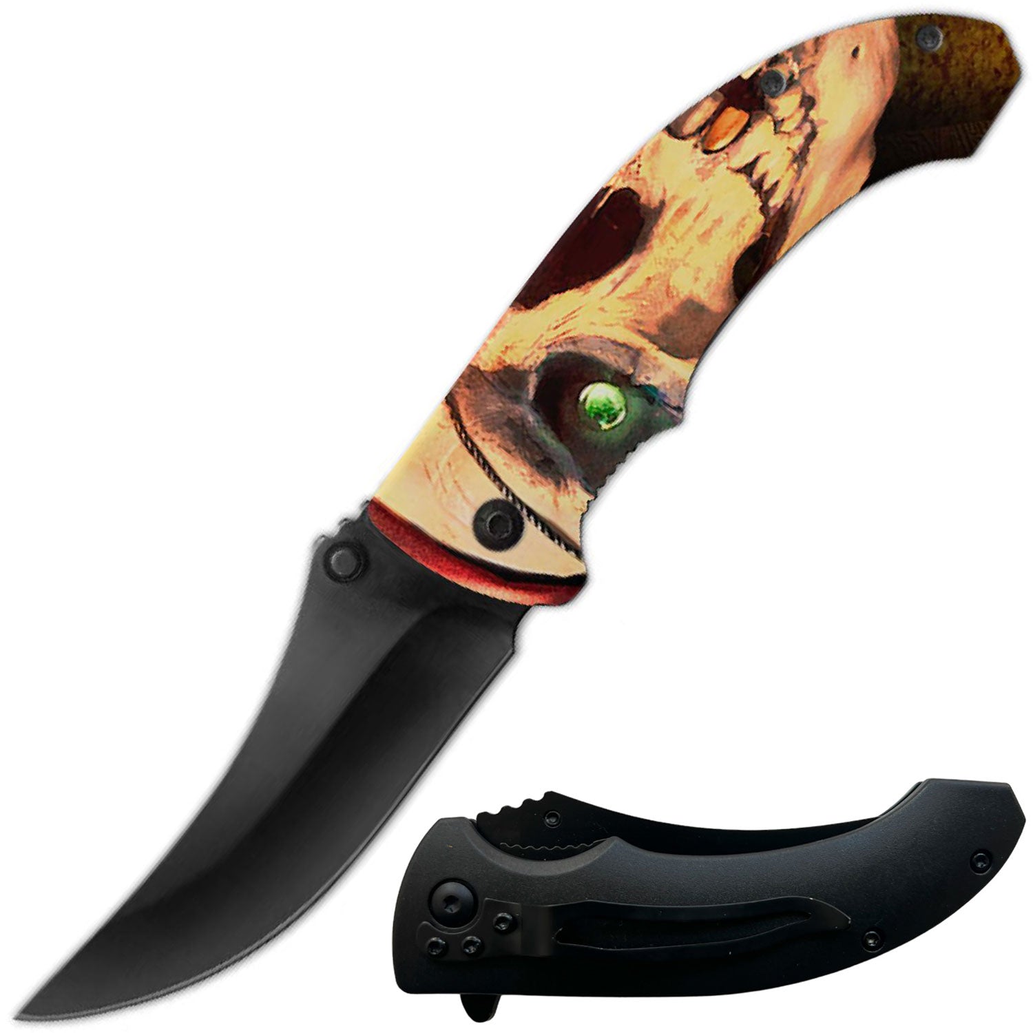 8" Green Eye Skull Spring Assisted Open Folding Pocket Knife - Tophatter's Guns'N'Weapons Store Collectible Weapons - Tophatter Daily Deals