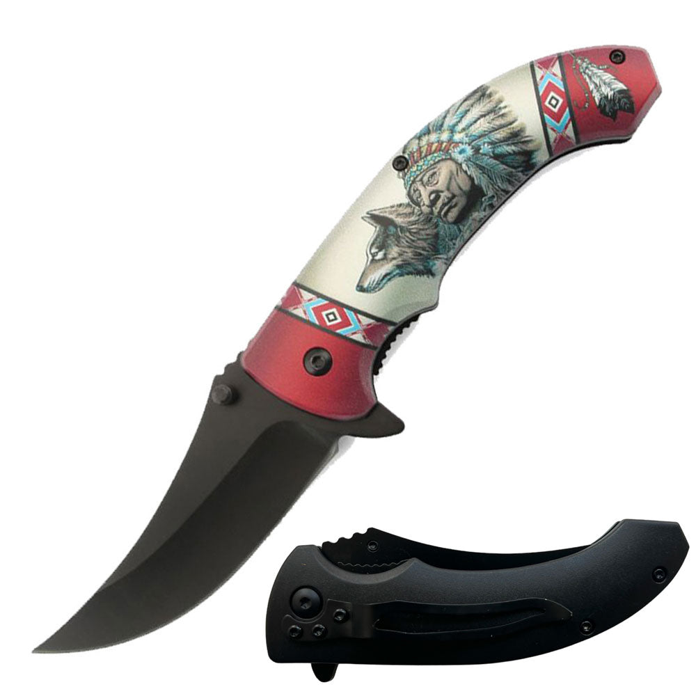 8" Native American Indian Spring Assisted Open Folding Pocket Knife Red - Tophatter's Guns'N'Weapons Store Collectible Weapons - Tophatter Daily Deals