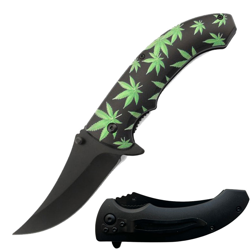 8" Cannabis Marijuana Leaf Spring Assisted Open Folding Pocket Knife Black - TOPHATTER'S ARMORY DEALS Collectible Weapons - Tophatter Daily Deals