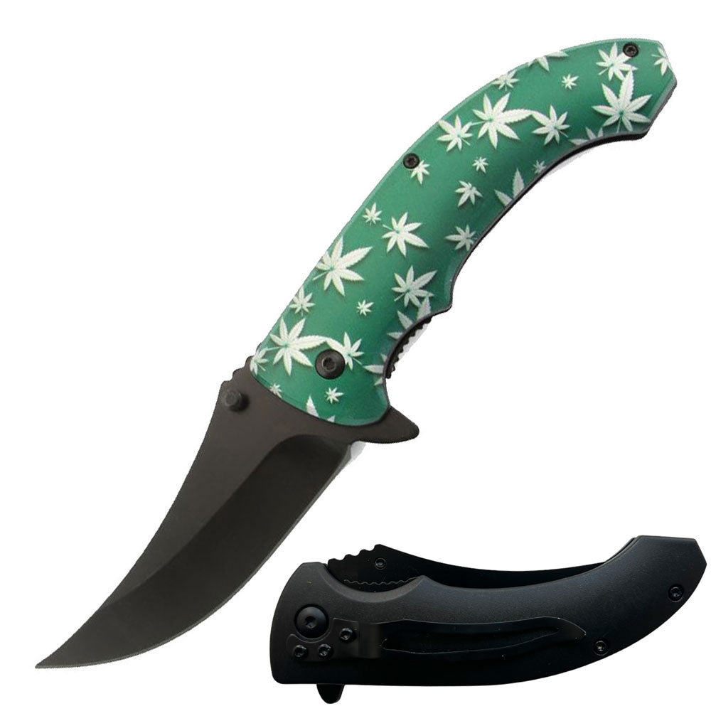 8" Cannabis Marijuana Leaf Spring Assisted Open Folding Pocket Knife Green - TOPHATTER'S ARMORY DEALS Collectible Weapons - Tophatter Daily Deals