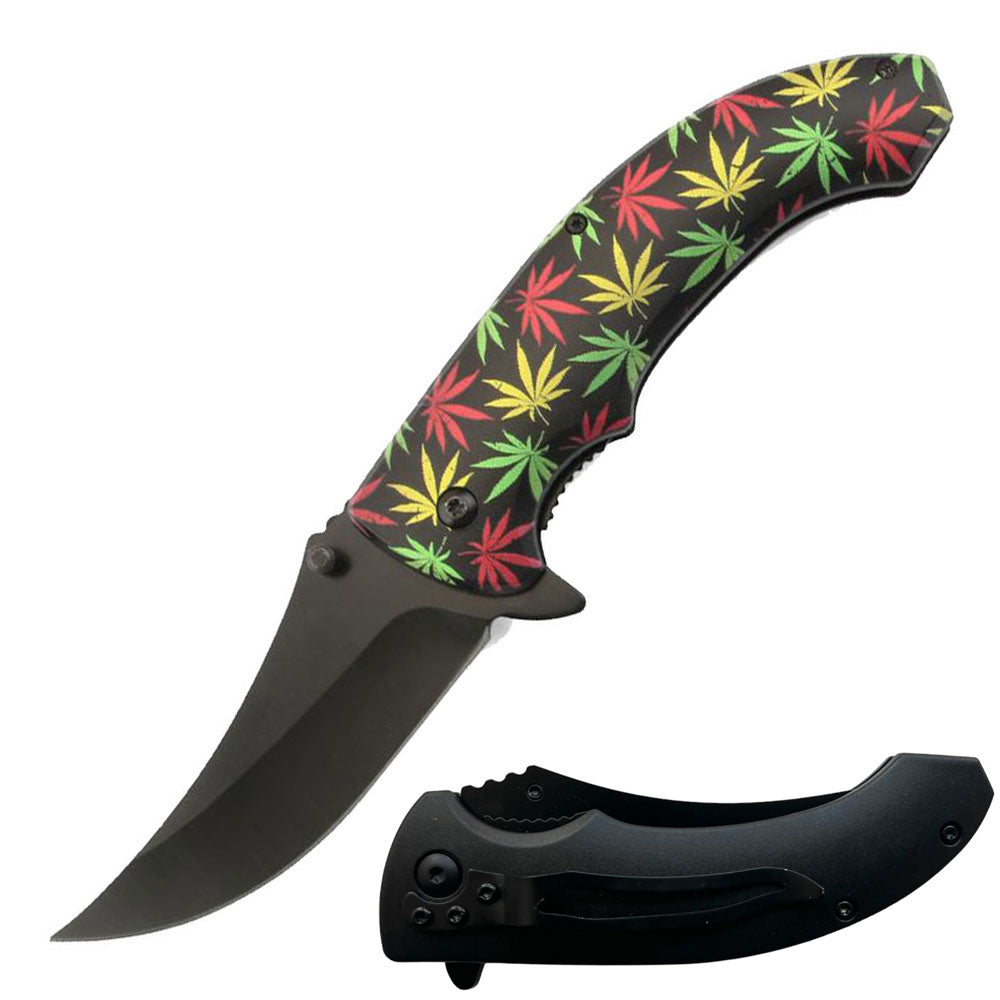 8" Cannabis Marijuana Leaf Spring Assisted Open Folding Pocket Knife Collectible Weapons - Tophatter Daily Deals
