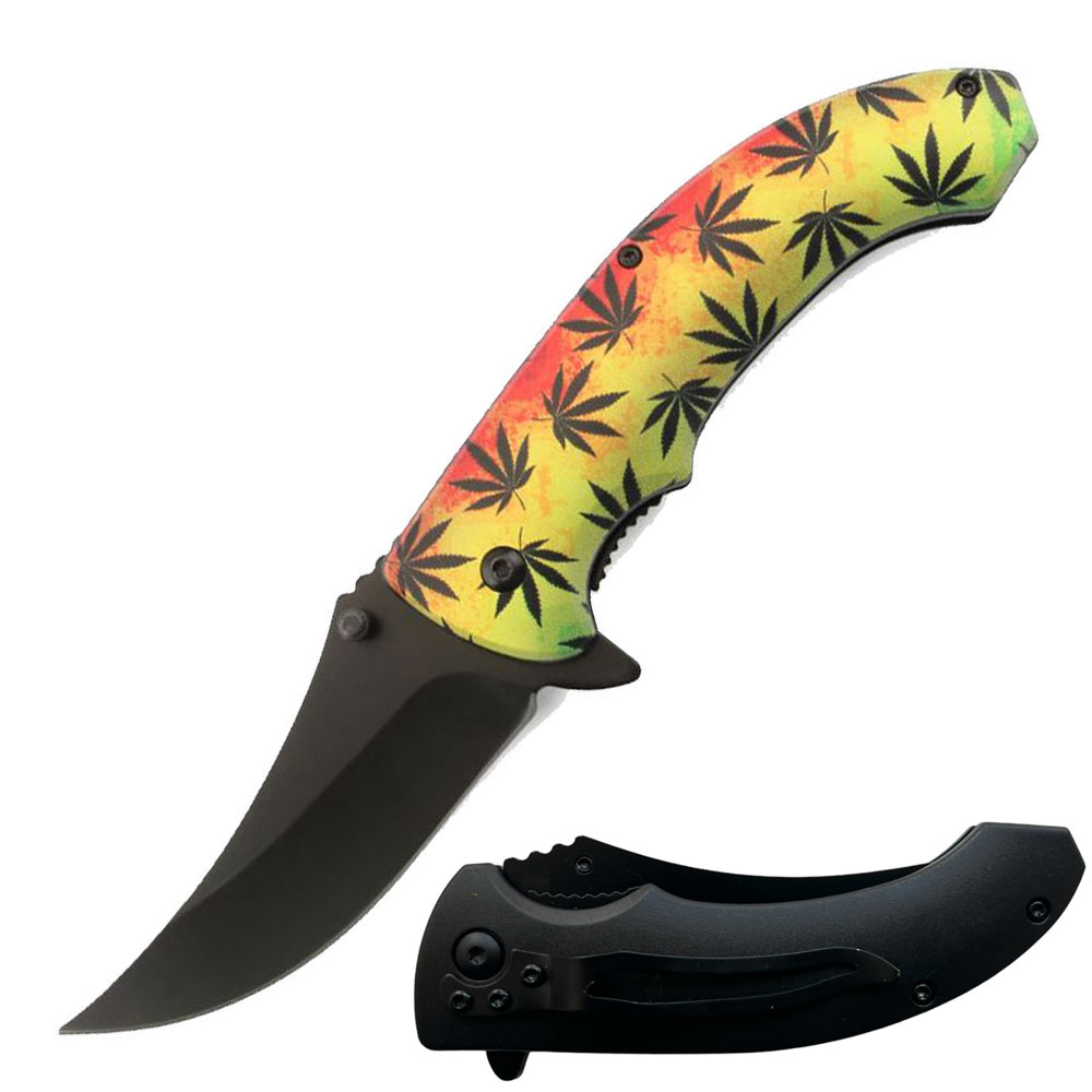 8" Marijuana Leaf Spring Assisted Open Folding Pocket Knife - Tophatter's Guns'N'Weapons Store Collectible Weapons - Tophatter Daily Deals