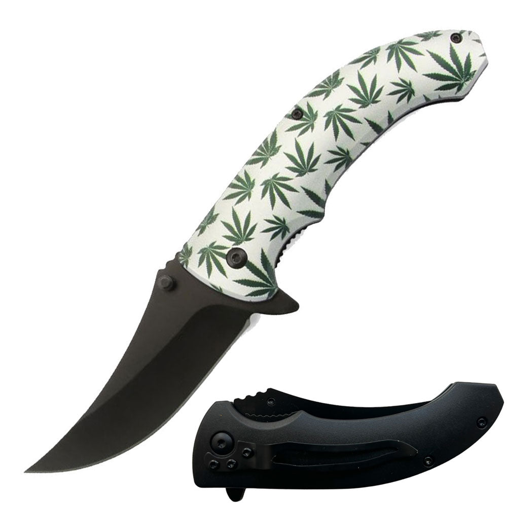 8" Cannabis Marijuana Leaf Spring Assisted Open Folding Pocket Knife White - TOPHATTER'S ARMORY DEALS Collectible Weapons - Tophatter Daily Deals