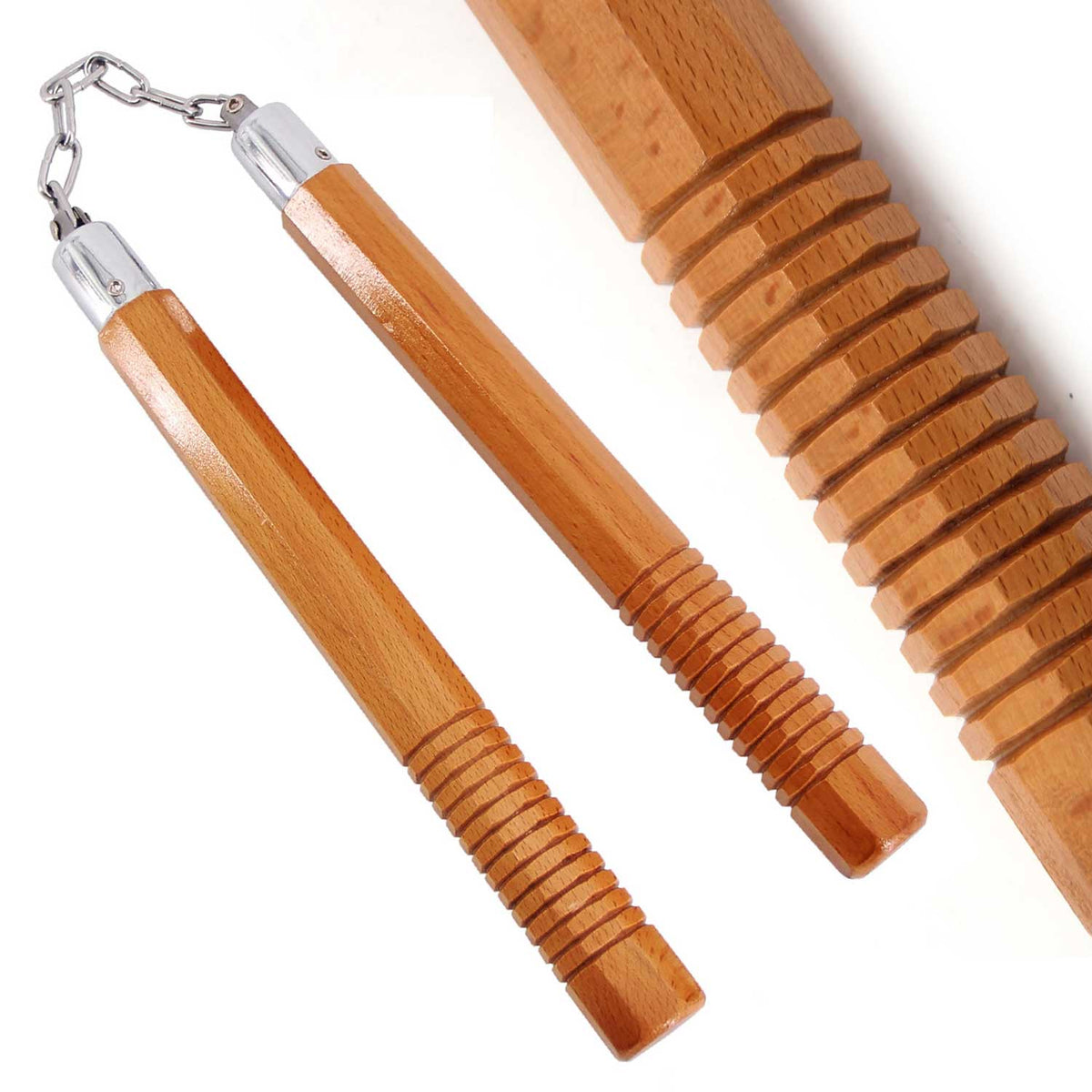 12" Natural Wood Brown Octagon Nunchaku with Grip - Tophatter's Army Products & Self Defense Collectible Weapons - Tophatter Daily Deals