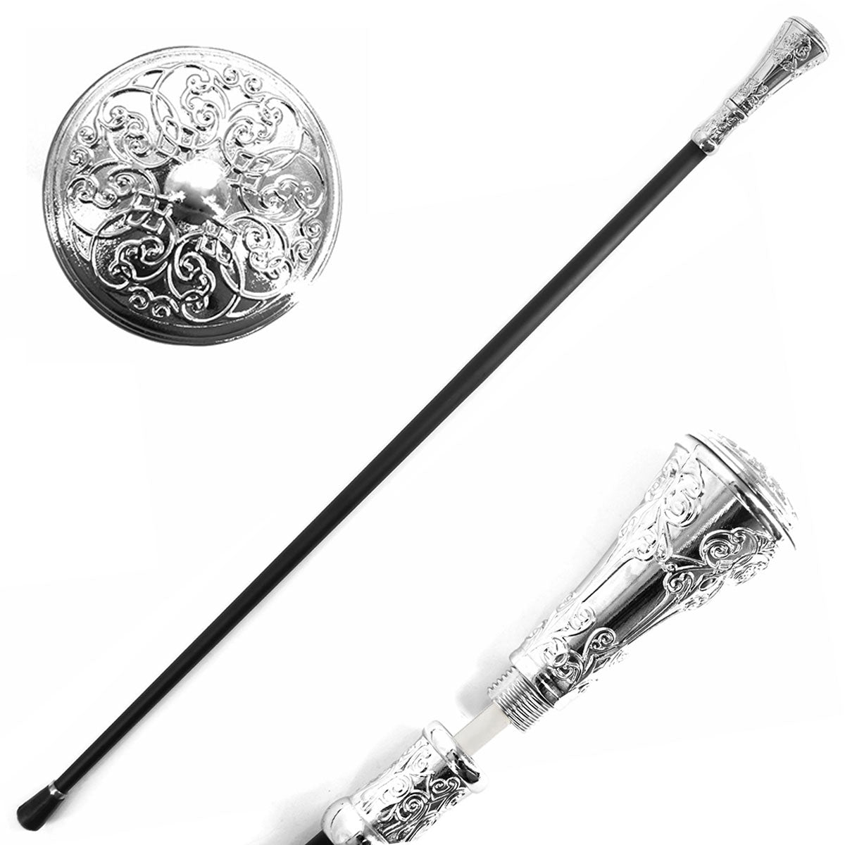 36" Silver Flower Pattern Knob Deluxe Steel Cane Sword Collectible Weapons - Tophatter Daily Deals