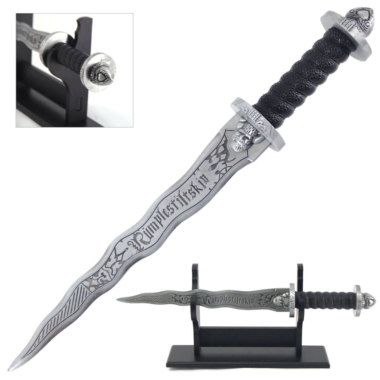 16.5” Dark One Dagger RUMPELSTILSKIN Metal Sword with Wooden Stand - Tophatter's Army Products & Self Defense Collectible Weapons - Tophatter Daily Deals