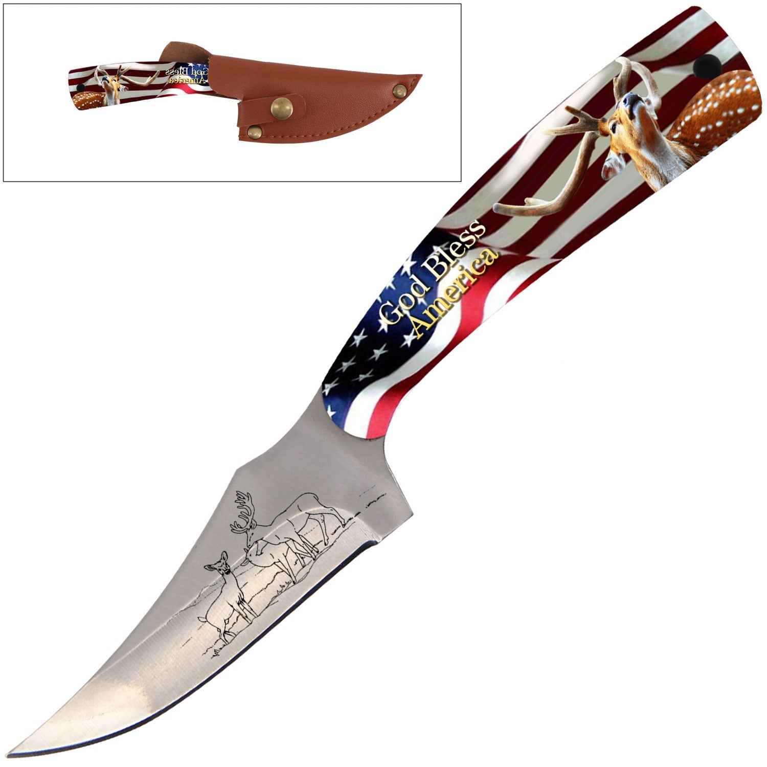 7" Full Tang Fixed Blade Knife American Deer Handle for Hunting, Skinning Collectible Weapons - Tophatter Daily Deals
