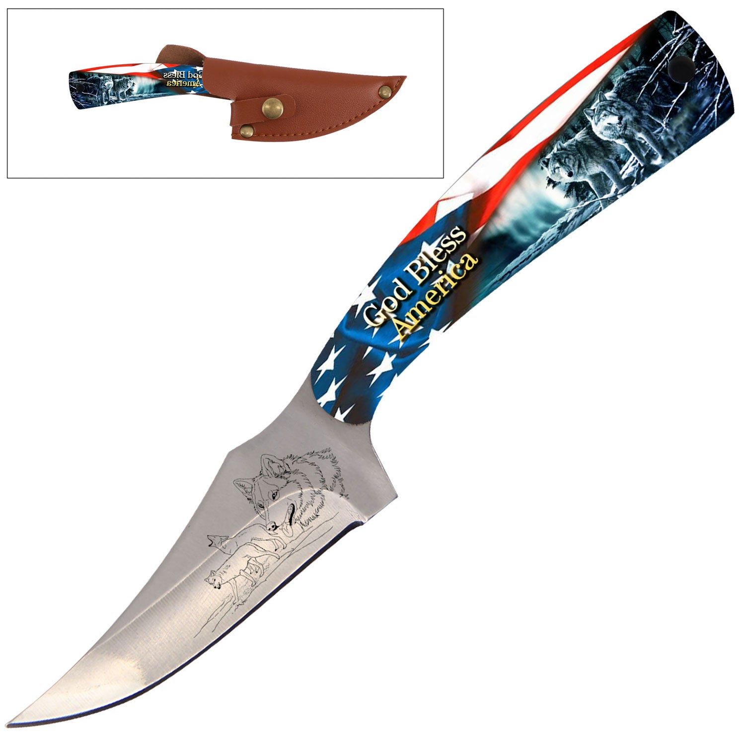 7" Full Tang Fixed Blade Knife American Wolf Handle for Hunting, Skinning Collectible Weapons - Tophatter Daily Deals