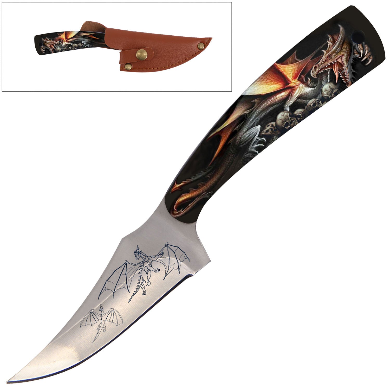 7" Full Tang Fixed Blade Knife Dragon Skull Handle for Hunting, Skinning Collectible Weapons - Tophatter Daily Deals