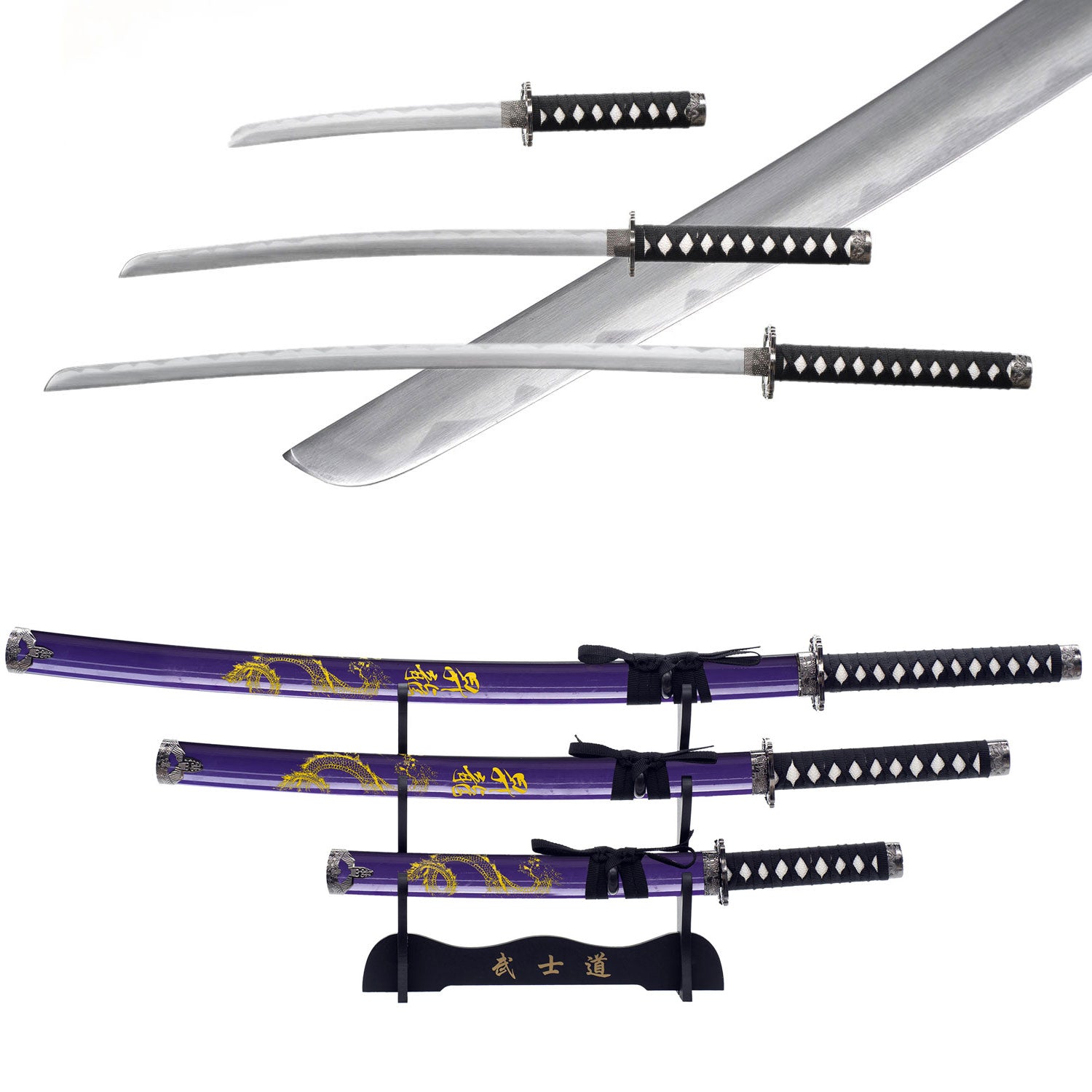 3pc Purple Dragon Japanese Katana Samurai Sword Set Carbon Steel Blade Bushido Stand - Tophatter's Guns'N'Weapons Store Collectible Weapons - Tophatter Daily Deals