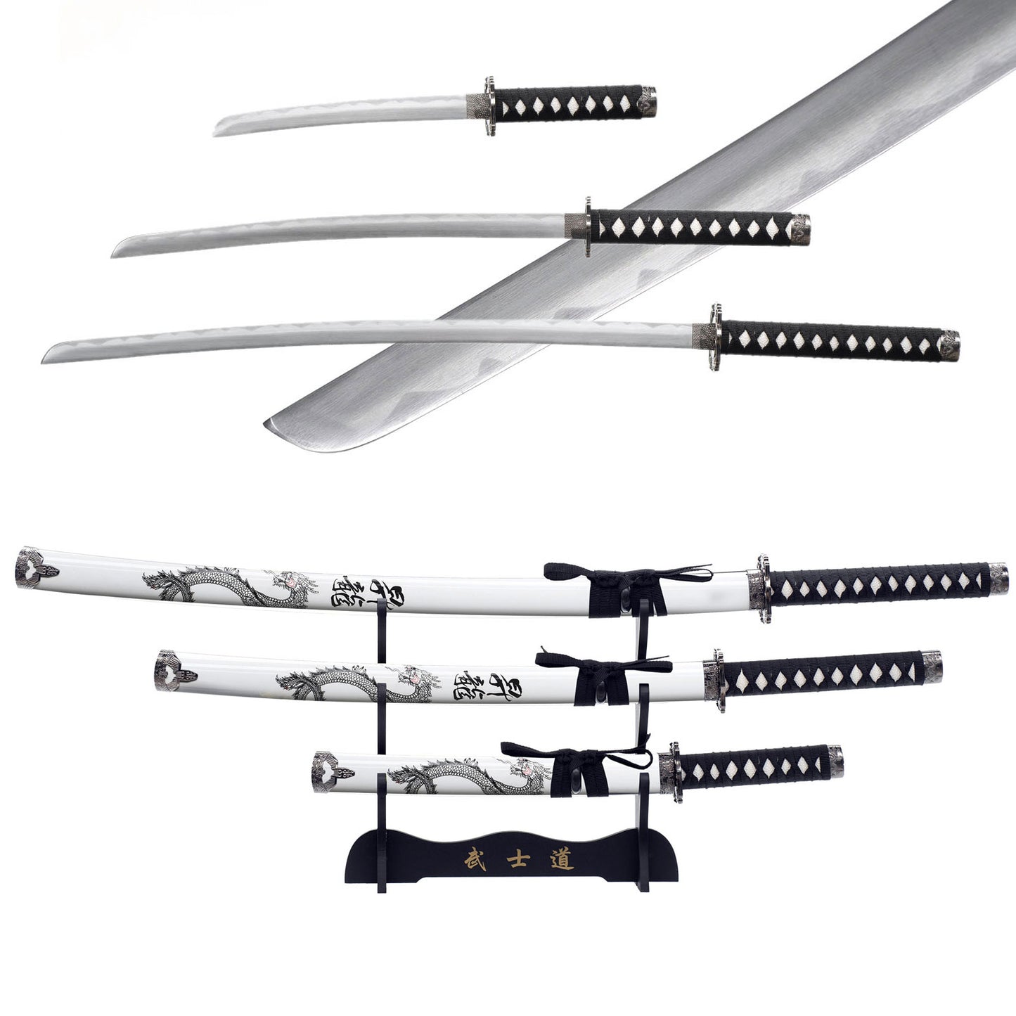 3pc White Dragon Japanese Katana Samurai Sword Set Carbon Steel Blade Bushido Stand Collectible Weapons - Tophatter Daily Deals