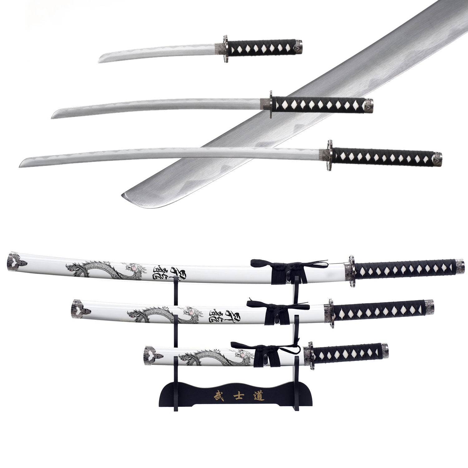 3pc White Dragon Japanese Katana Samurai Sword Set Carbon Steel Blade Bushido Stand - Tophatter's Guns'N'Weapons Store Collectible Weapons - Tophatter Daily Deals