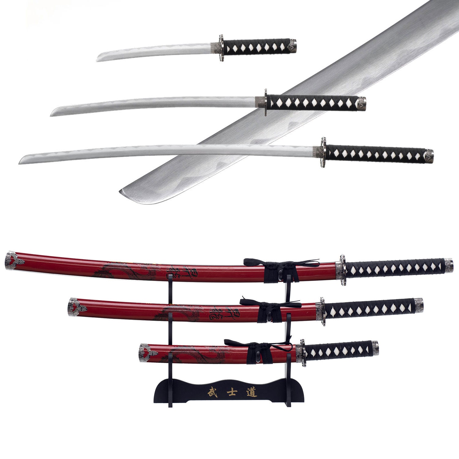 3pc Red Dragon Japanese Katana Samurai Sword Set Carbon Steel Blade Bushido Stand - Tophatter's Guns'N'Weapons Store Collectible Weapons - Tophatter Daily Deals