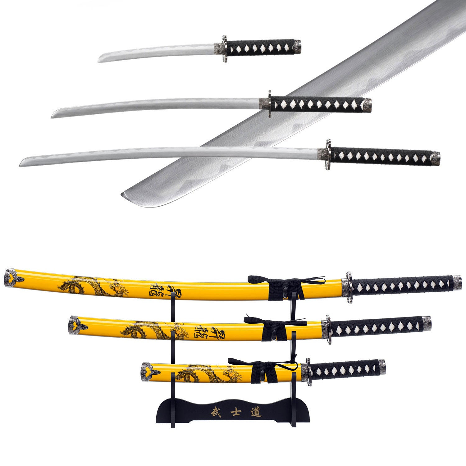 3pc Yellow Dragon Japanese Katana Samurai Sword Set Carbon Steel Blade Bushido Stand - Tophatter's Guns'N'Weapons Store Collectible Weapons - Tophatter Daily Deals
