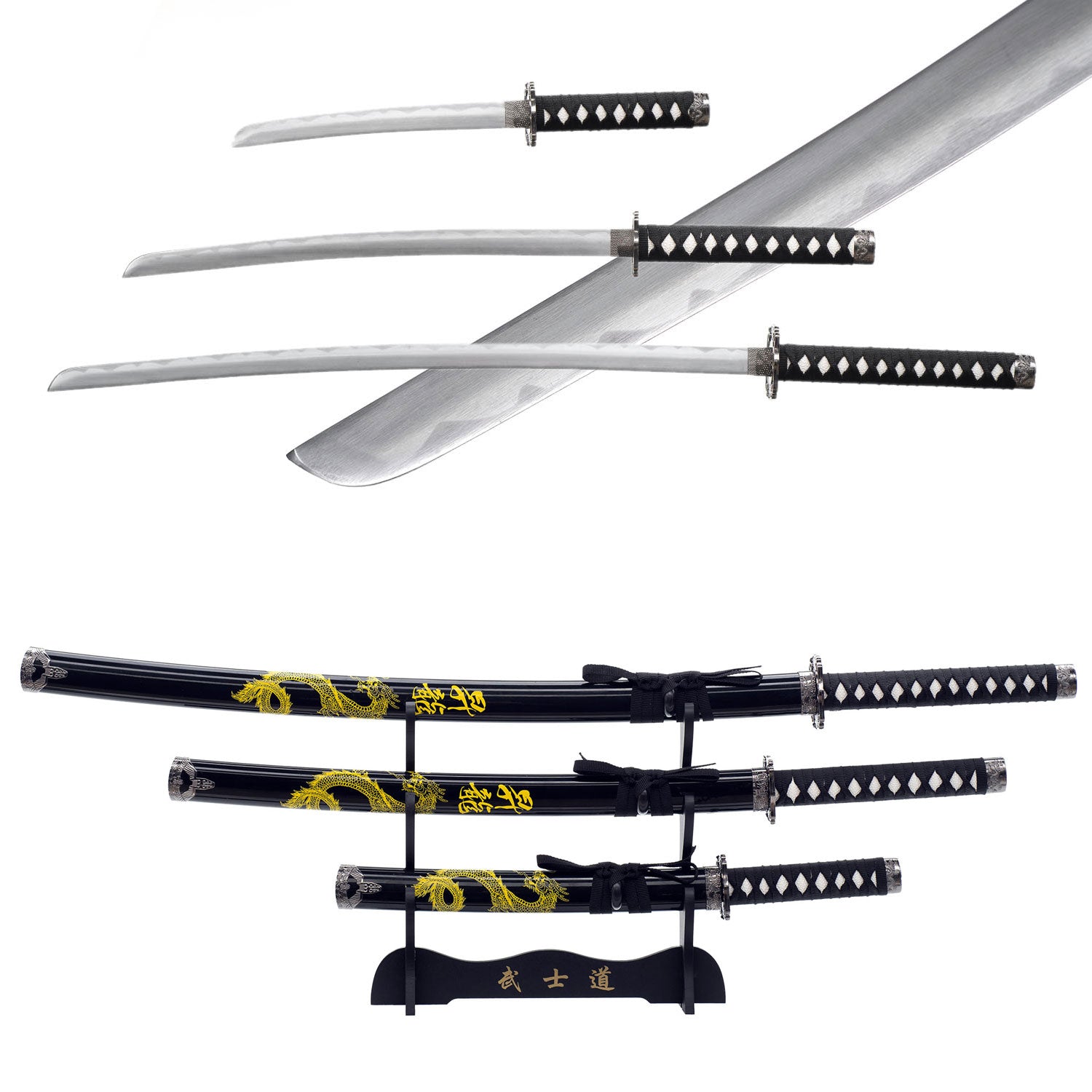 3pc Dragon Japanese Katana Samurai Sword Set Carbon Steel Blade Bushido Stand - Tophatter's Guns'N'Weapons Store Collectible Weapons - Tophatter Daily Deals